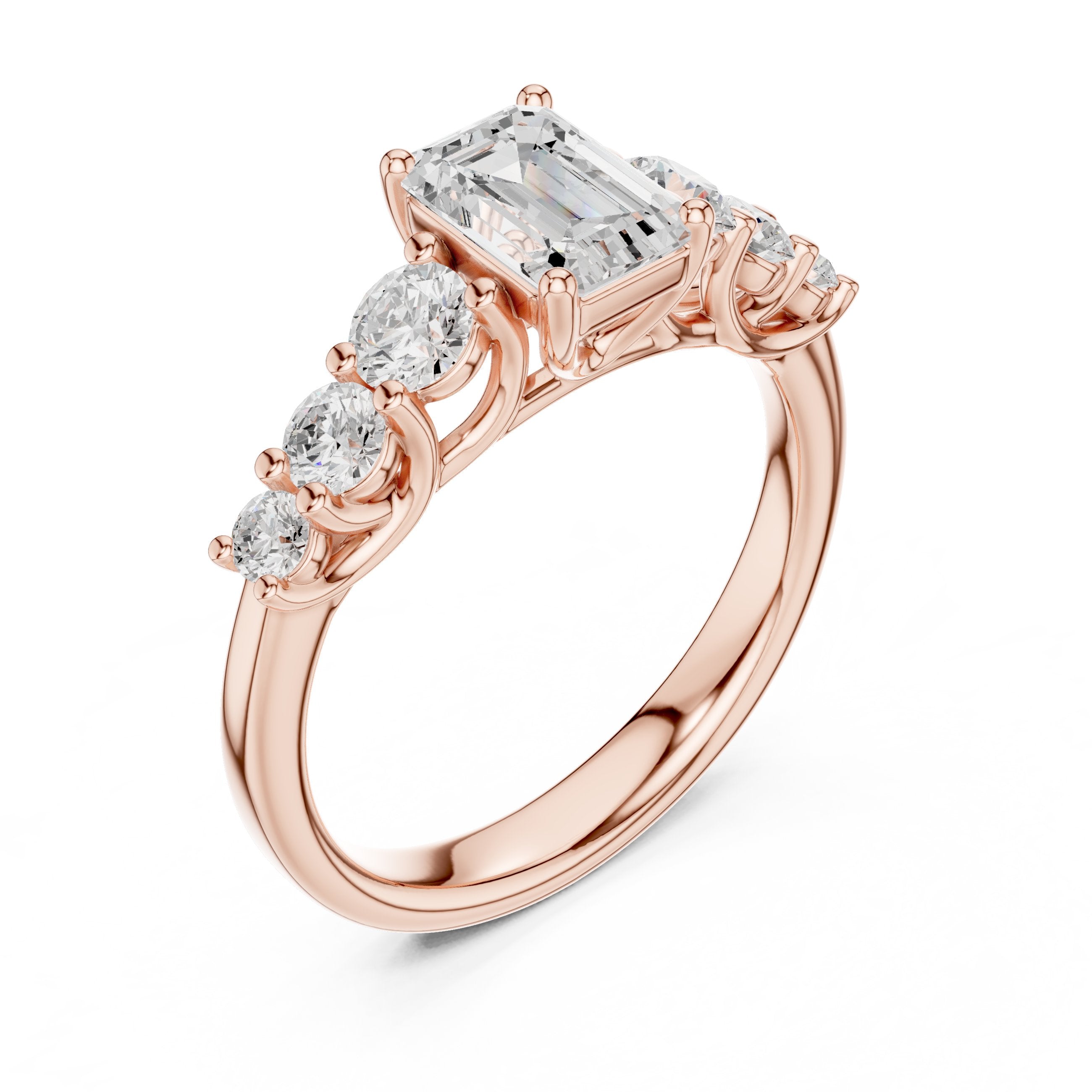 Emerald Cut Engagement Ring with Round Side Accents on Chevron Shoulders in Rose Gold - VYKA Diamonds
