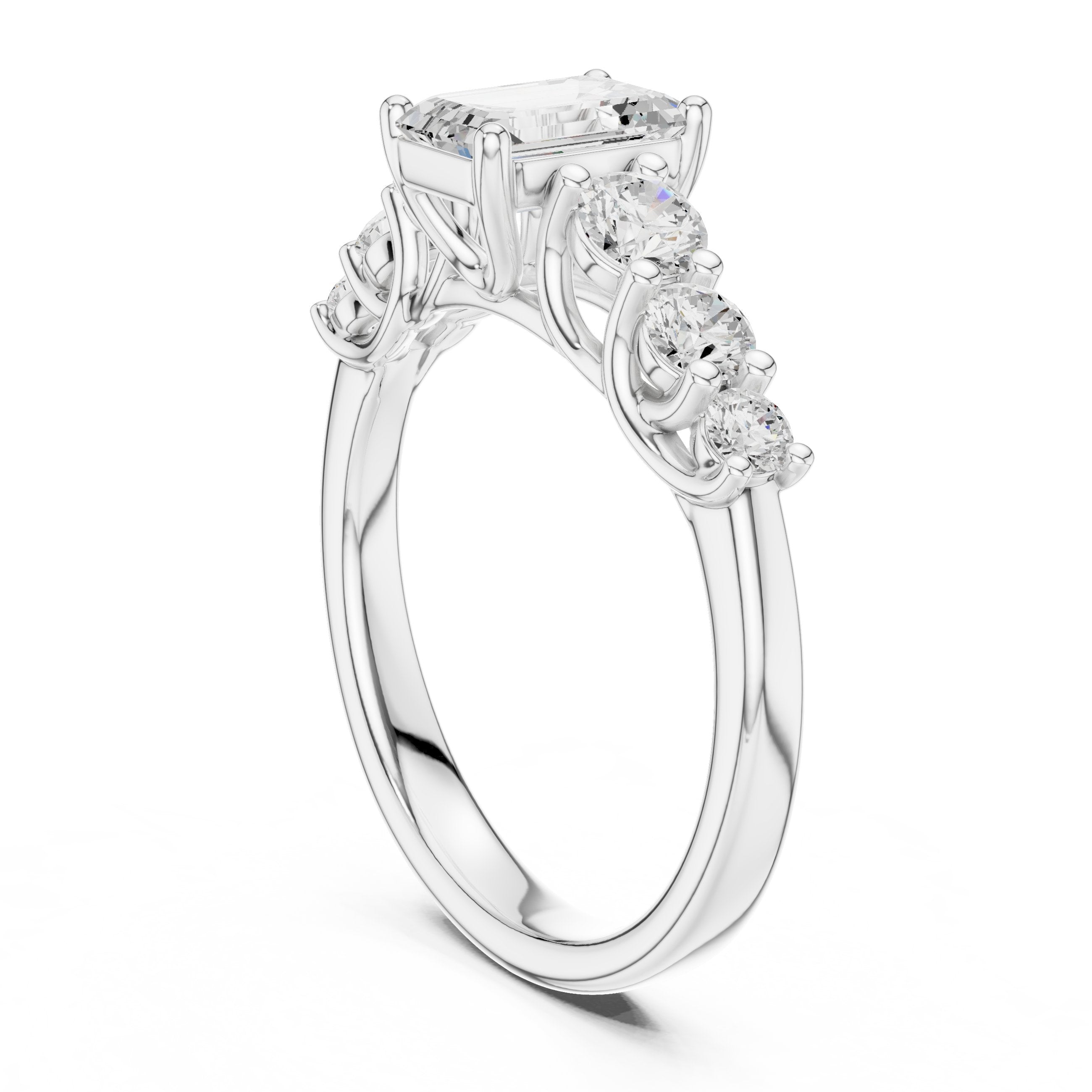 Emerald Cut Engagement Ring with Round Side Accents on Chevron Shoulders in White Gold - VYKA Diamonds