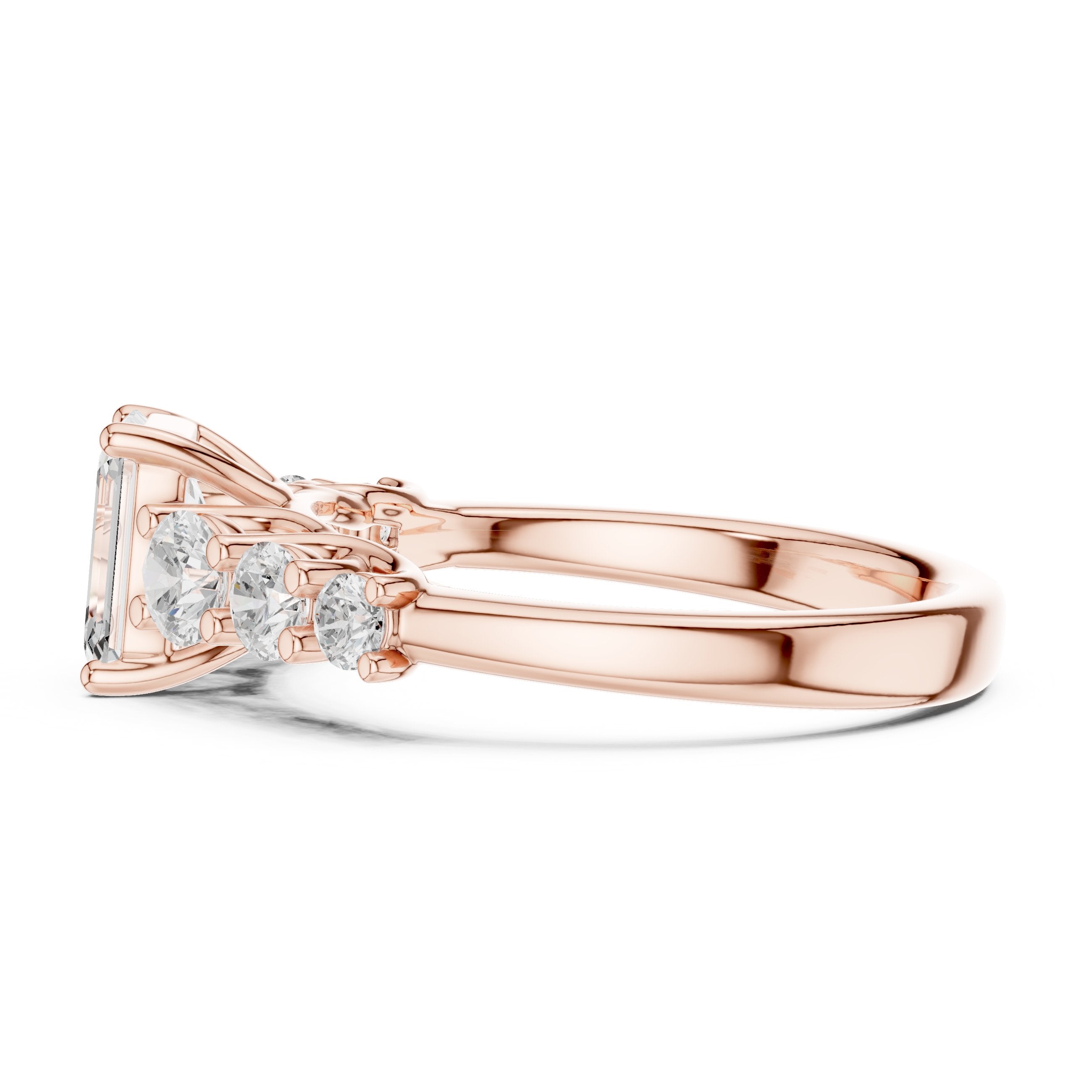 Emerald Cut Engagement Ring with Round Side Accents on Chevron Shoulders in Rose Gold - VYKA Diamonds