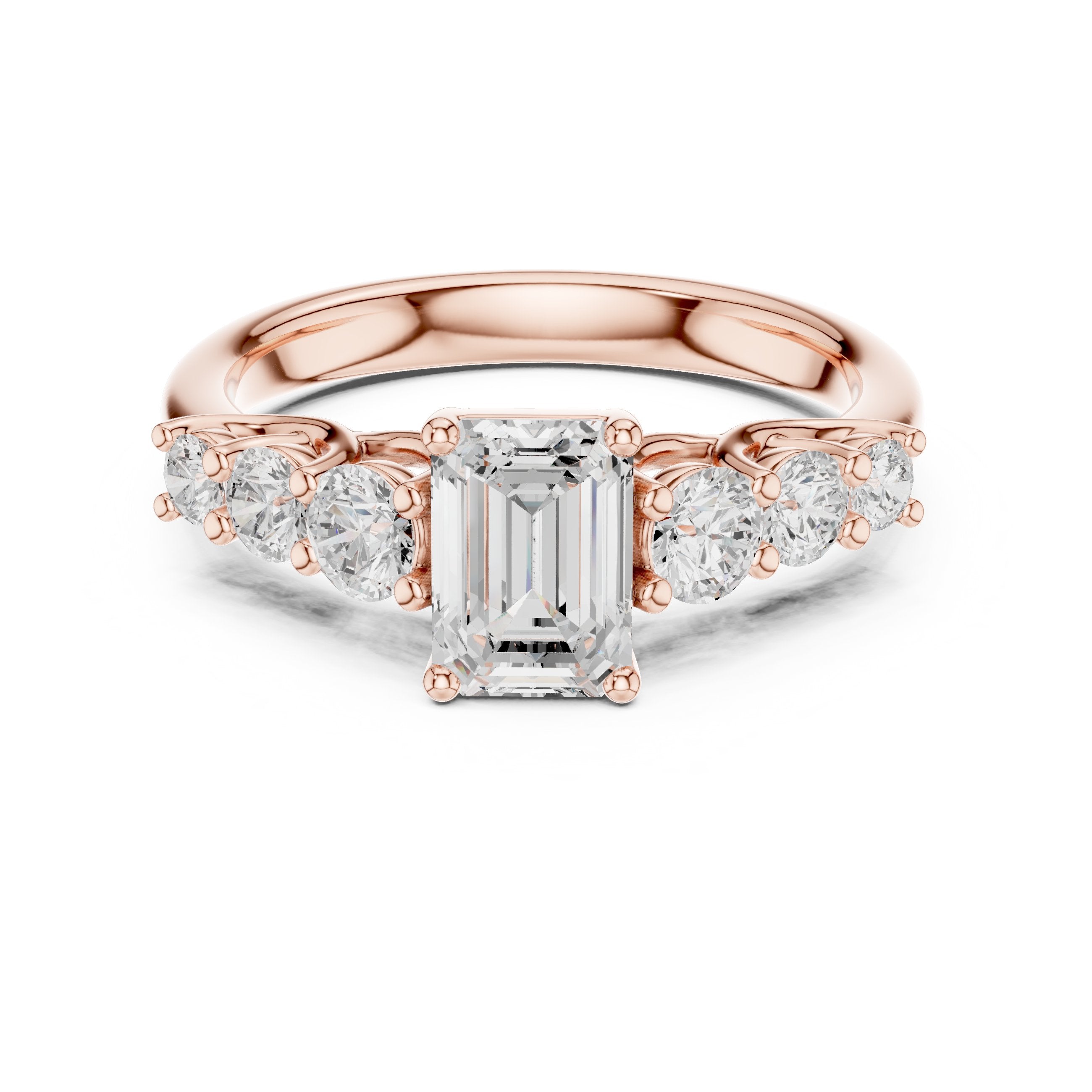Emerald Cut Engagement Ring with Round Side Accents on Chevron Shoulders in Rose Gold - VYKA Diamonds