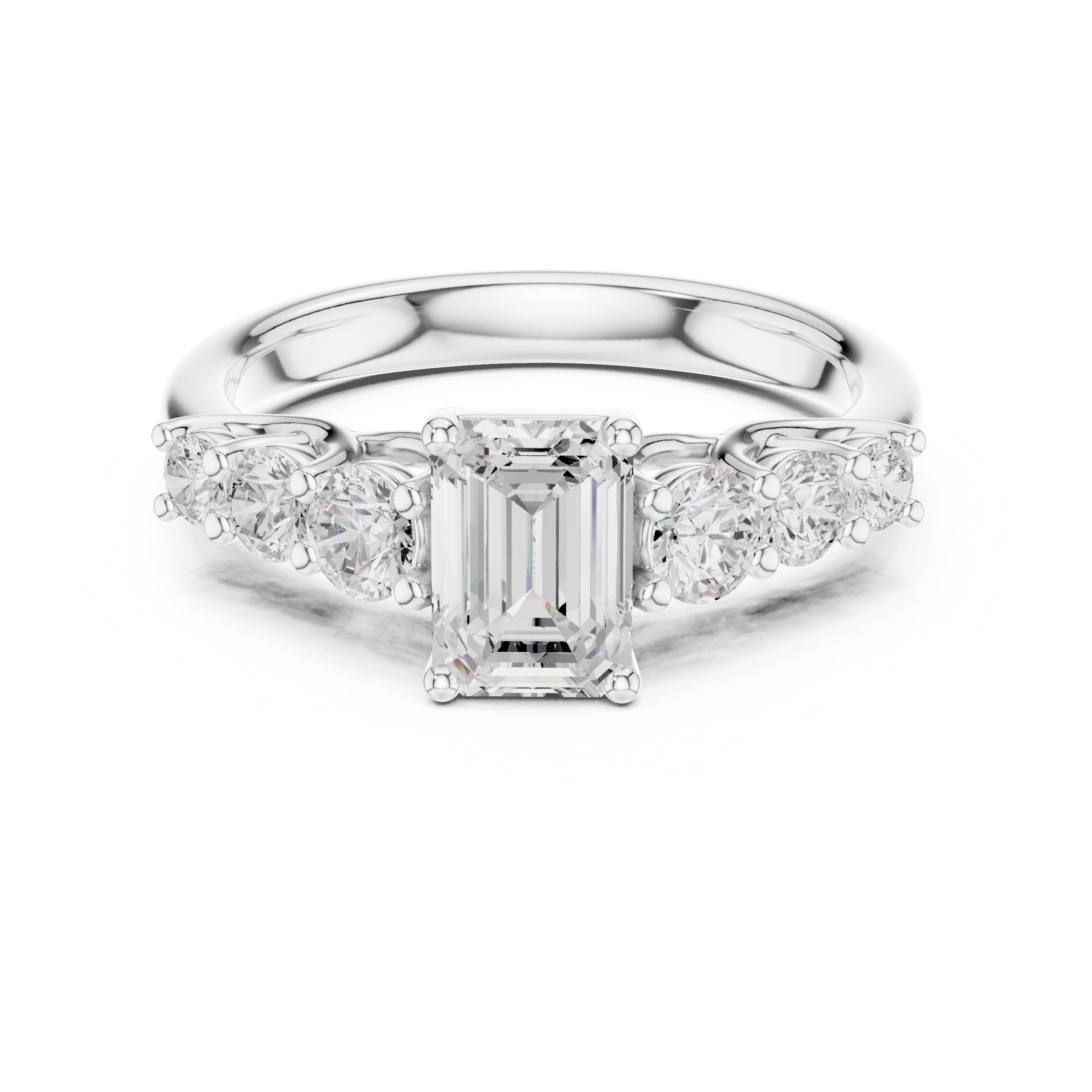Emerald Cut Engagement Ring with Round Side Accents on Chevron Shoulders in White Gold - VYKA Diamonds
