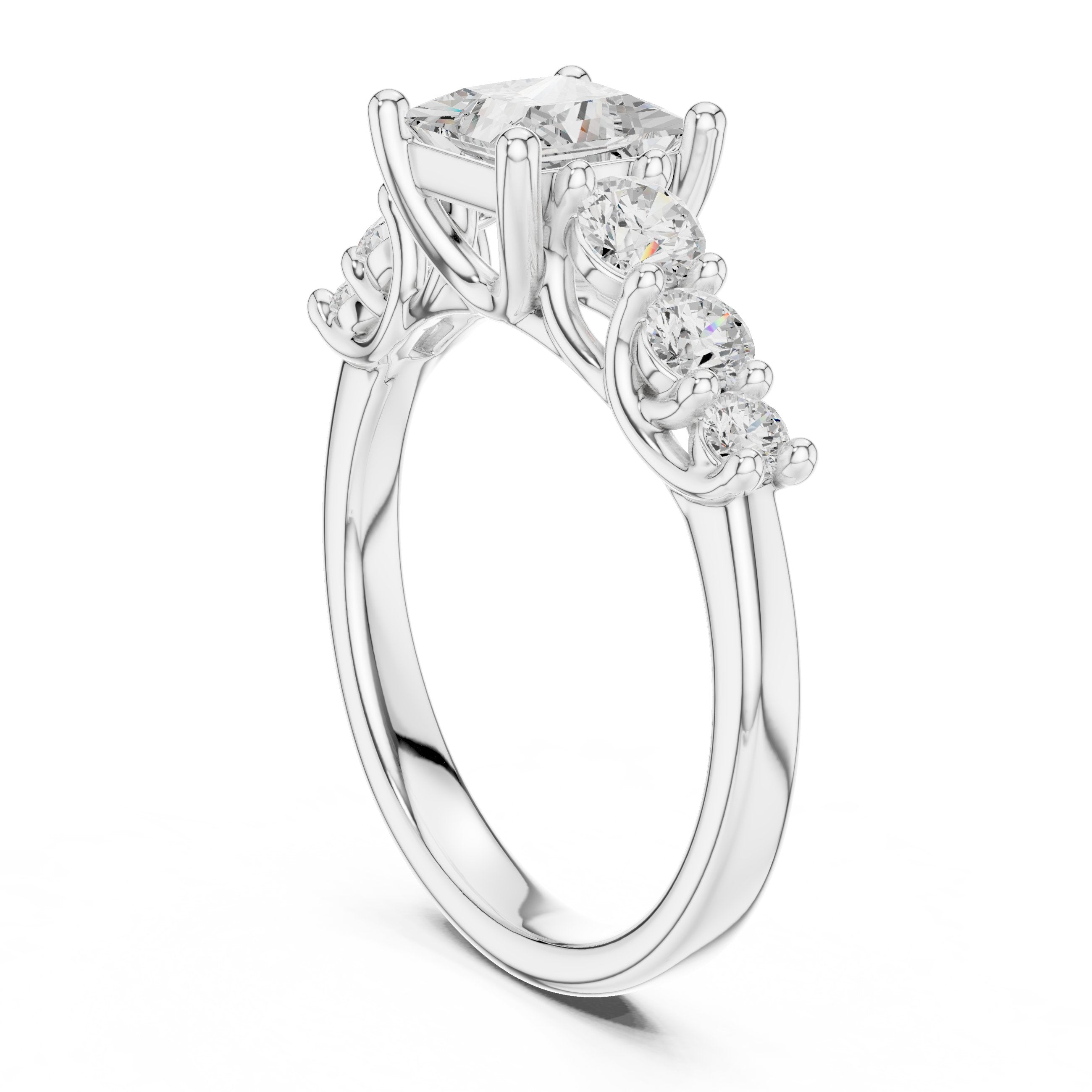 Princess Cut Engagement Ring with Round Side Accents on Chevron Shoulders in White Gold - VYKA Diamonds