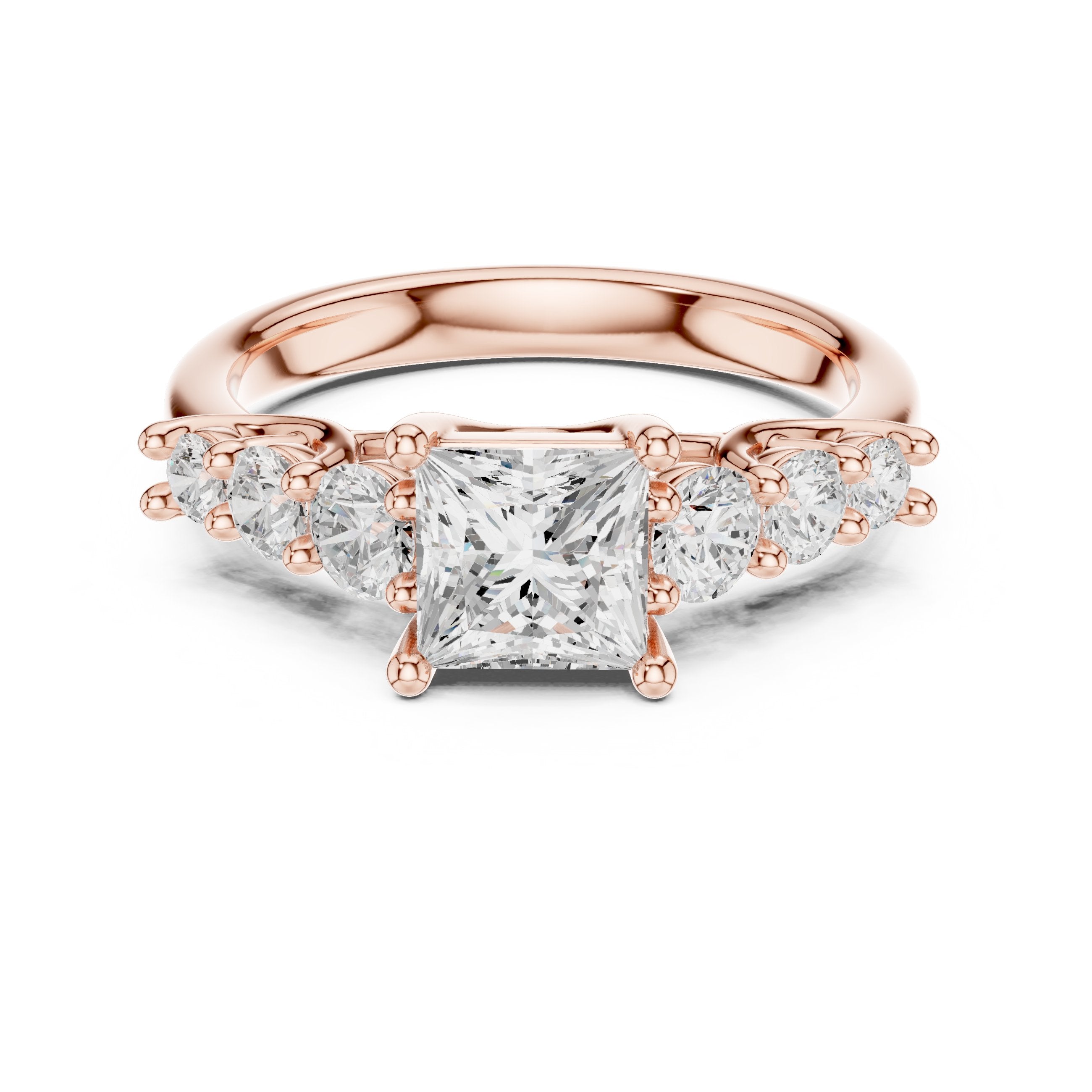 Princess Cut Engagement Ring with Round Side Accents on Chevron Shoulders in Rose Gold - VYKA Diamonds