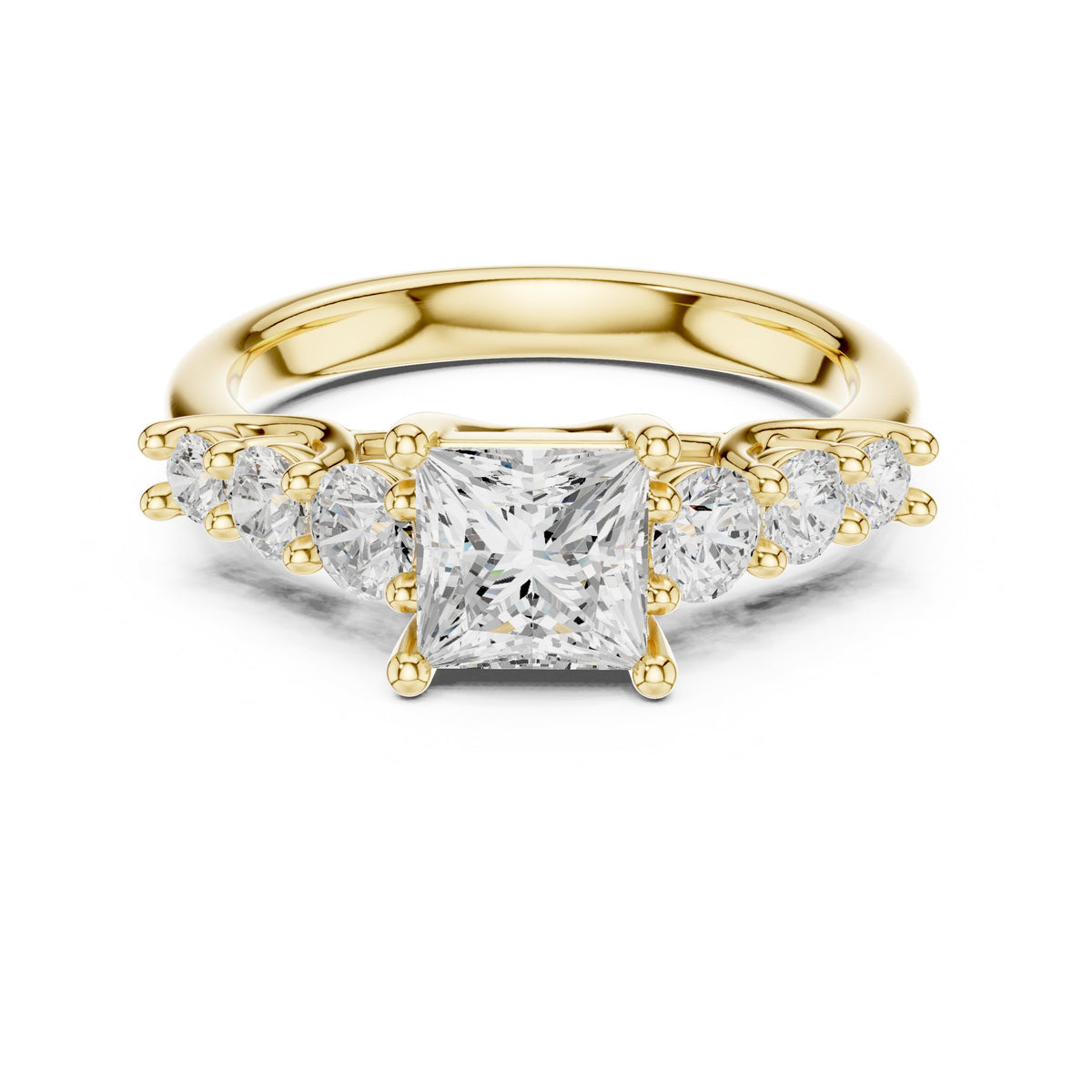Princess Cut Engagement Ring with Round Side Accents on Chevron Shoulders