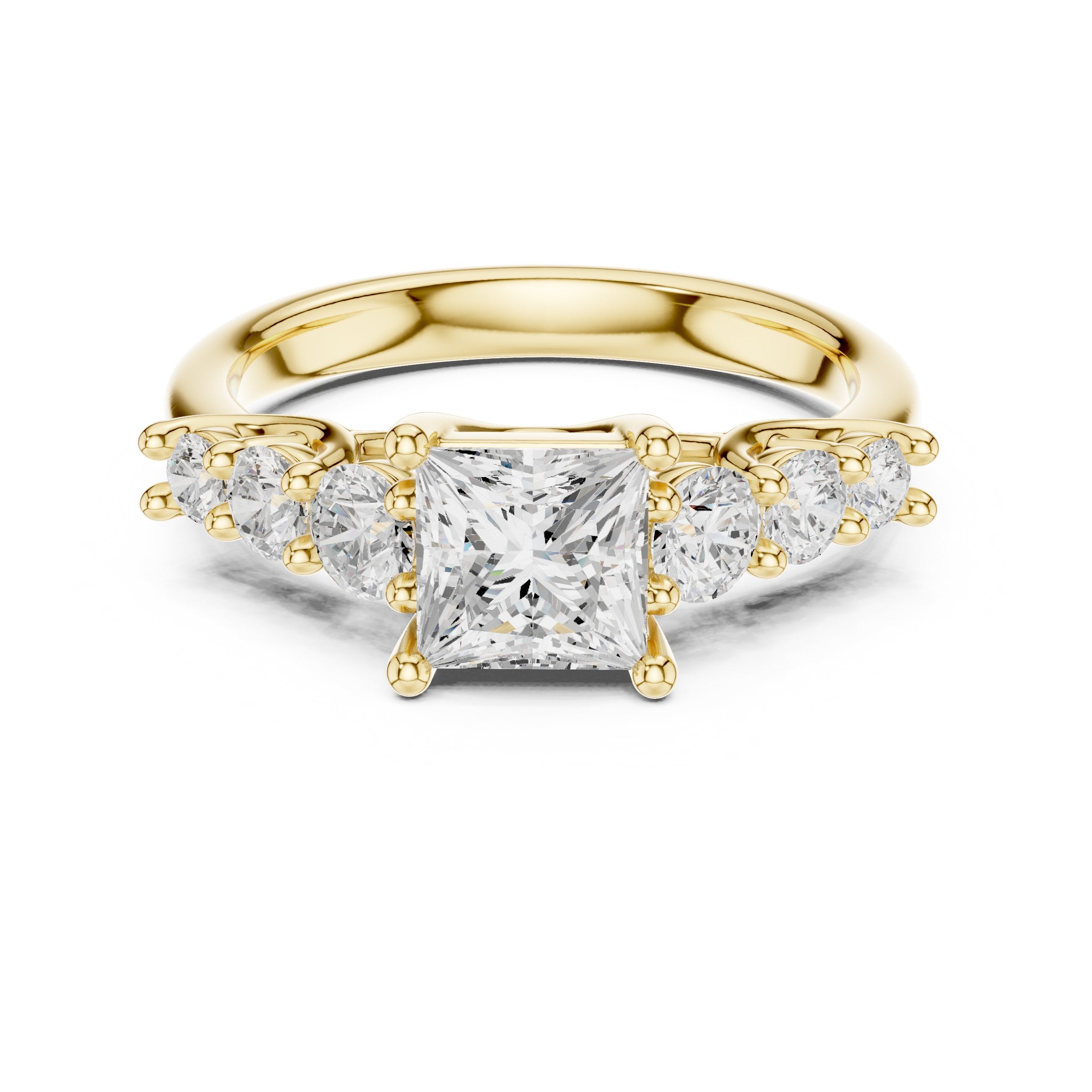 Princess Cut Engagement Ring with Round Side Accents on Chevron Shoulders in Yellow Gold - VYKA Diamonds