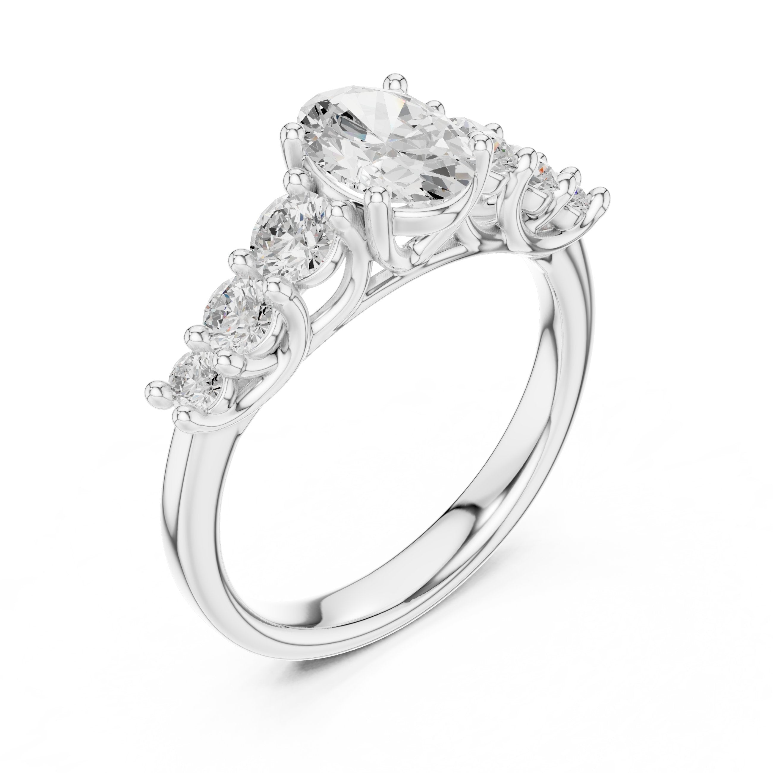 Oval Diamond Engagement Ring with Graduated Round Side Accents in White Gold - VYKA Diamonds