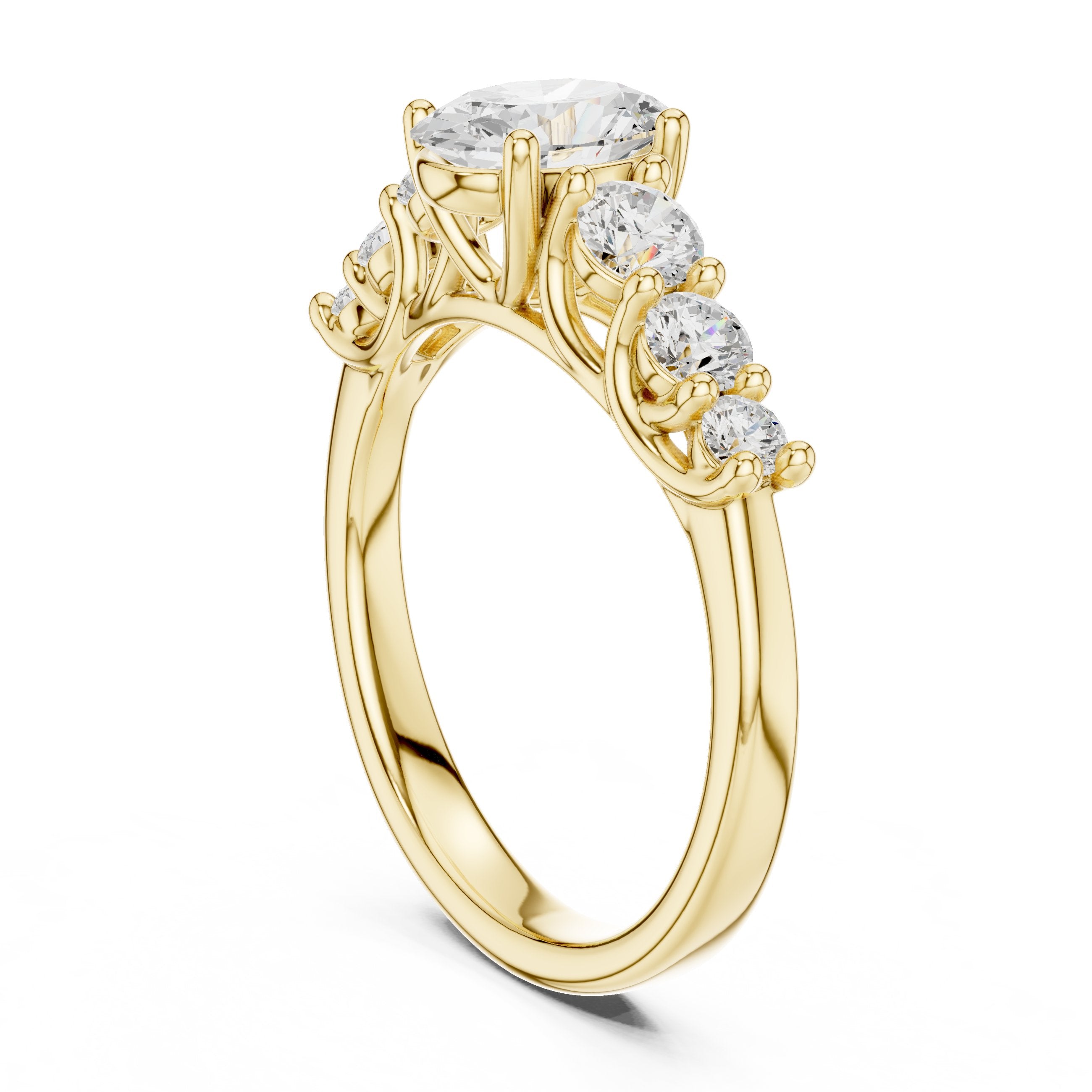 Oval Diamond Engagement Ring with Graduated Round Side Accents in Yellow Gold - VYKA Diamonds