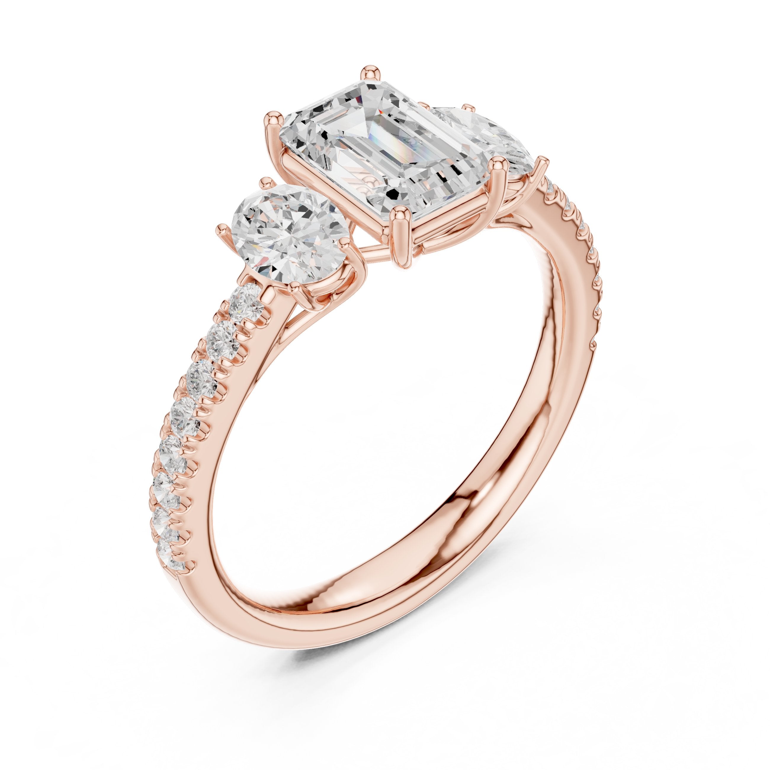 Emerald Cut Three Stone Engagement Ring with Oval Sides and Pavé Band in Rose Gold - VYKA Diamonds