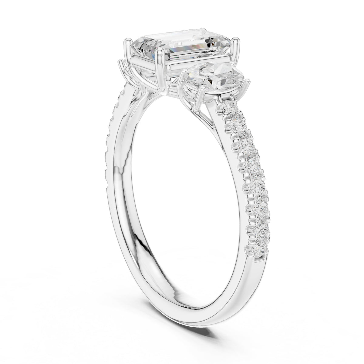 Emerald Cut Three Stone Engagement Ring with Oval Sides and Pavé Band