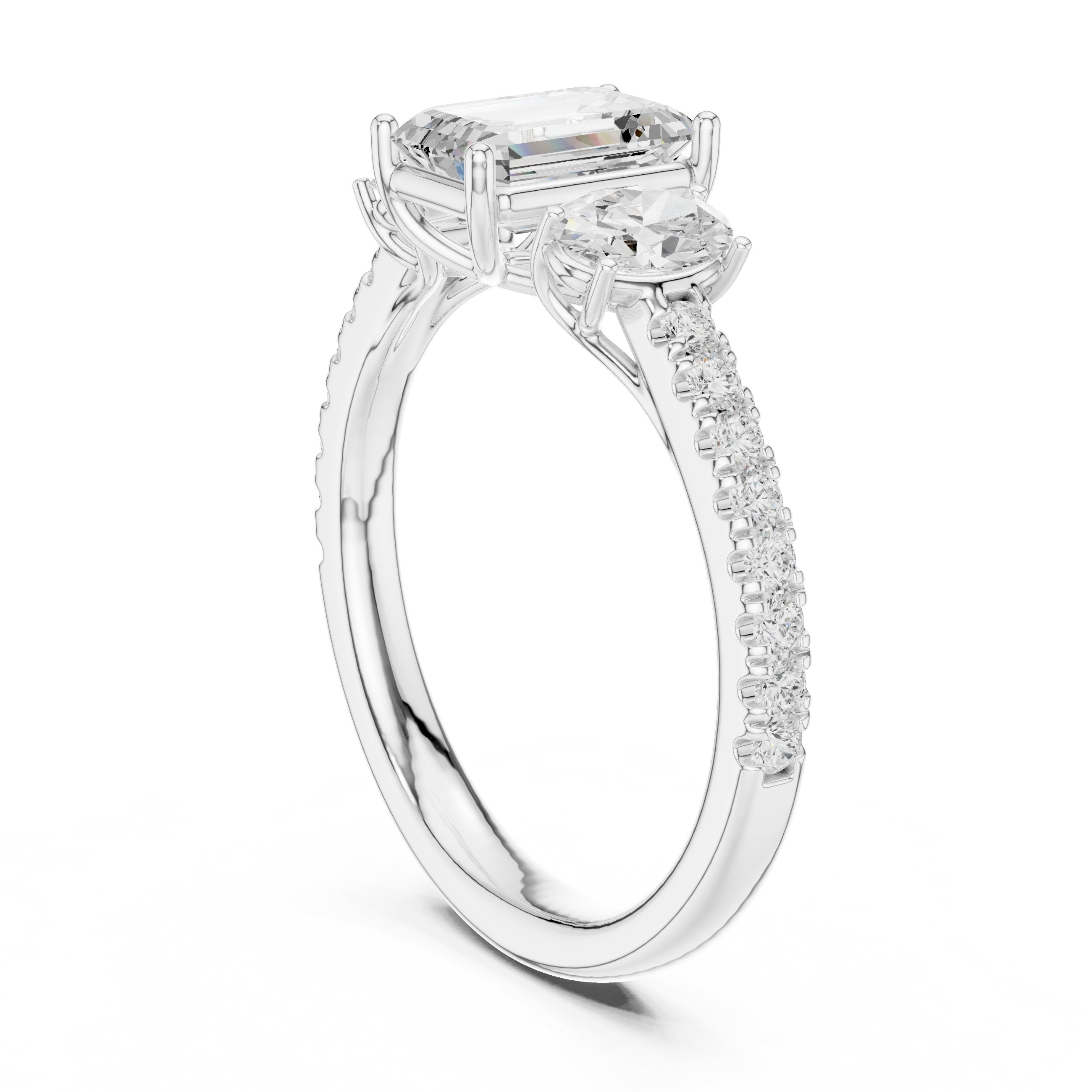 Emerald Cut Three Stone Engagement Ring with Oval Sides and Pavé Band in White Gold - VYKA Diamonds
