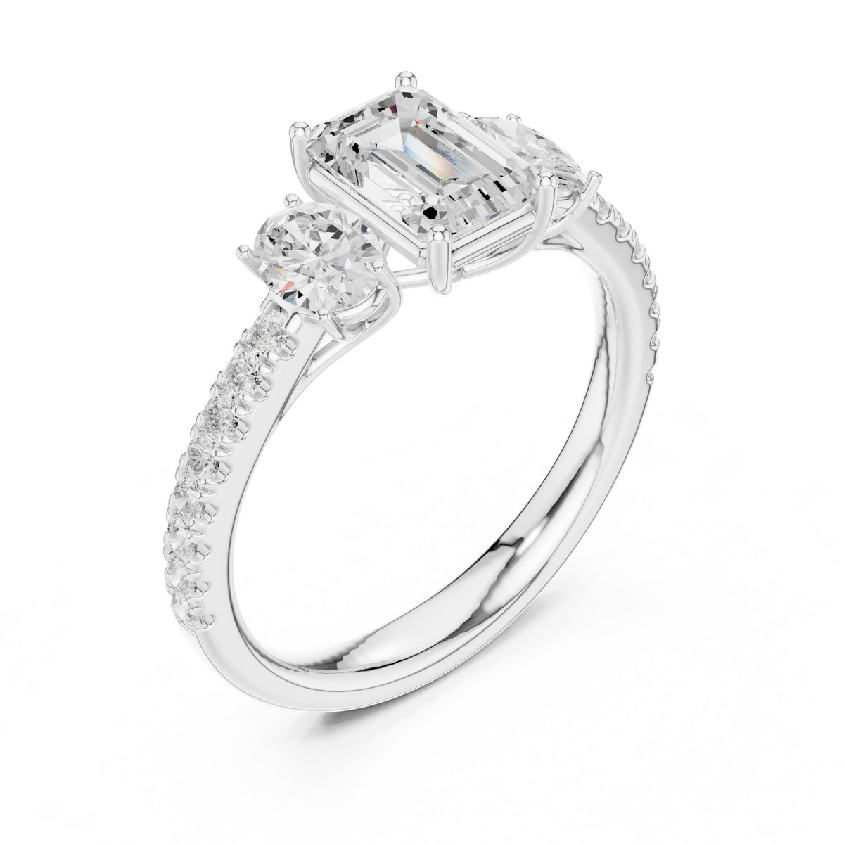 Emerald Cut Three Stone Engagement Ring with Oval Sides and Pavé Band