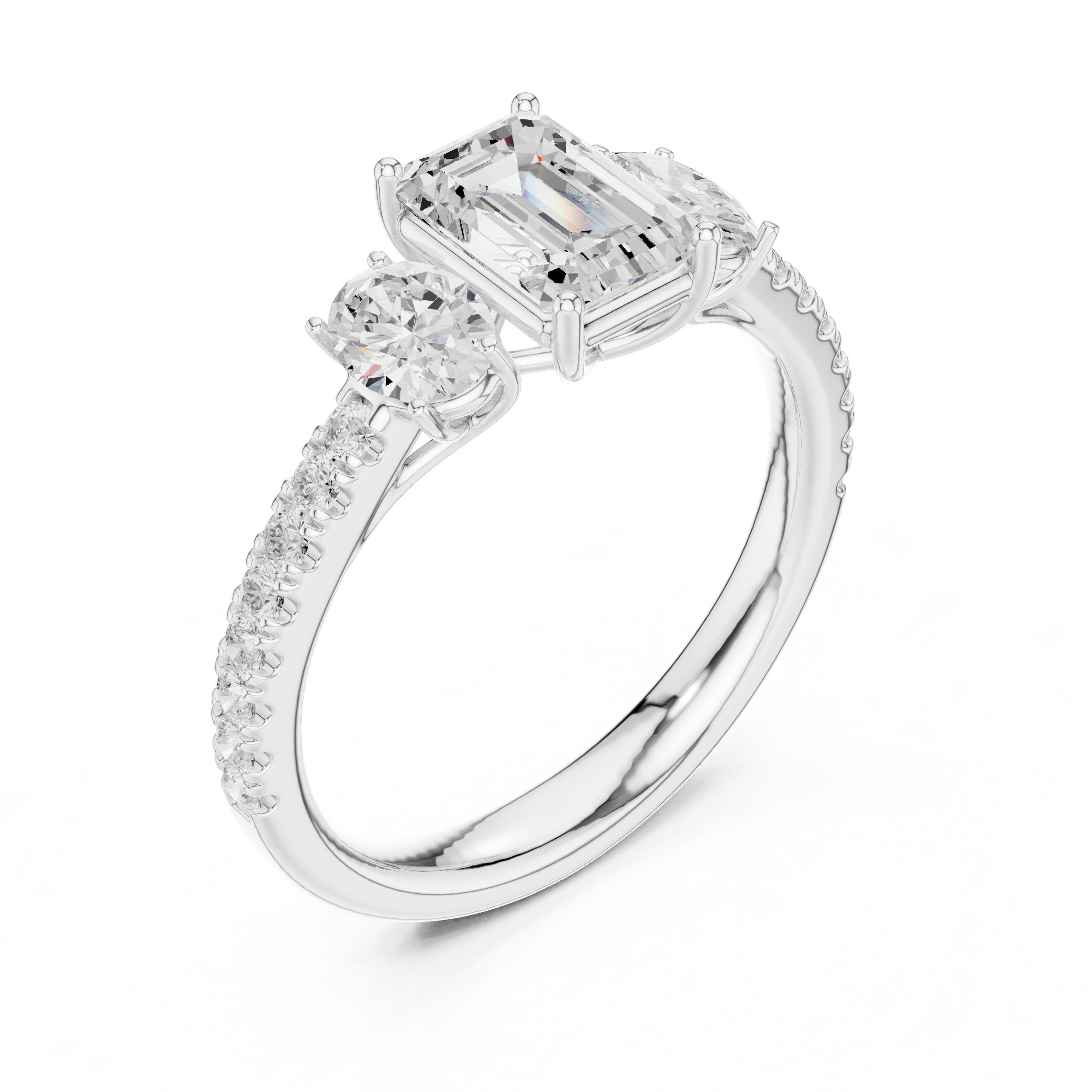 Emerald Cut Three Stone Engagement Ring with Oval Sides and Pavé Band in White Gold - VYKA Diamonds