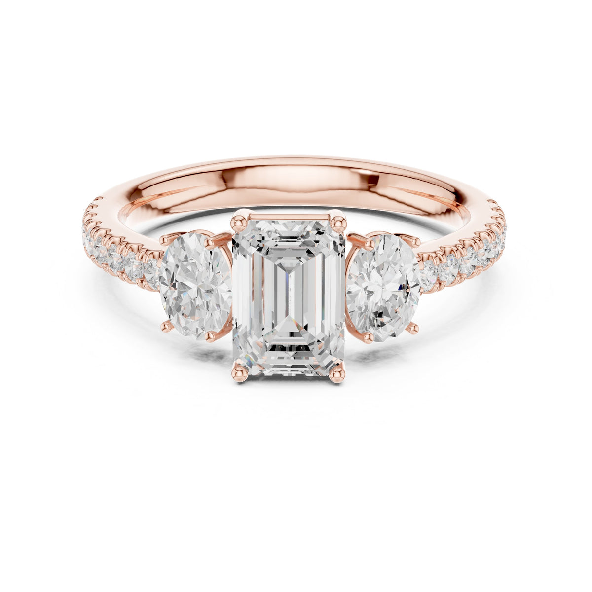 Emerald Cut Three Stone Engagement Ring with Oval Sides and Pavé Band