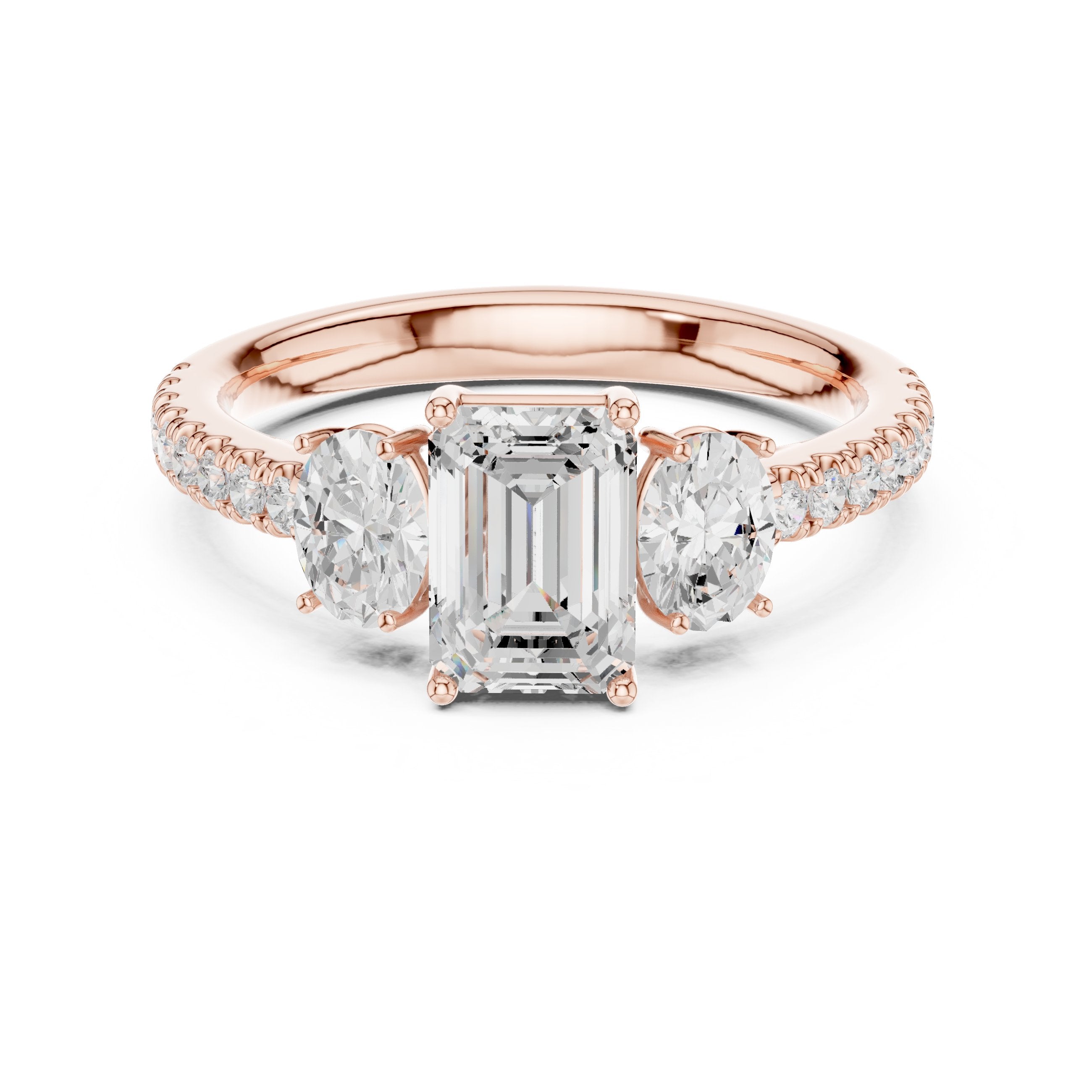 Emerald Cut Three Stone Engagement Ring with Oval Sides and Pavé Band in Rose Gold - VYKA Diamonds