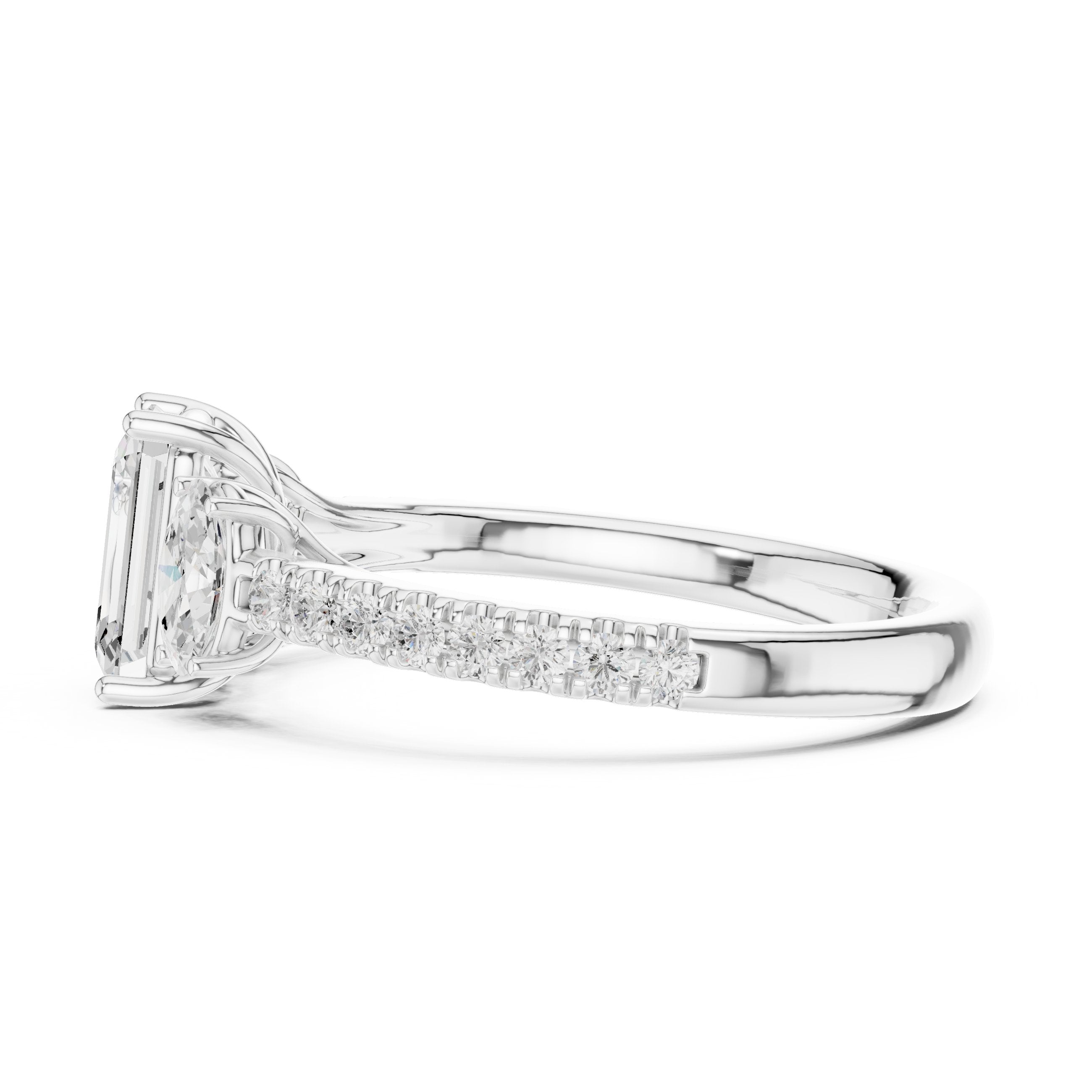 Emerald Cut Three Stone Engagement Ring with Oval Sides and Pavé Band in White Gold - VYKA Diamonds