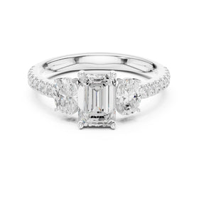 Emerald Cut Three Stone Engagement Ring with Oval Sides and Pavé Band