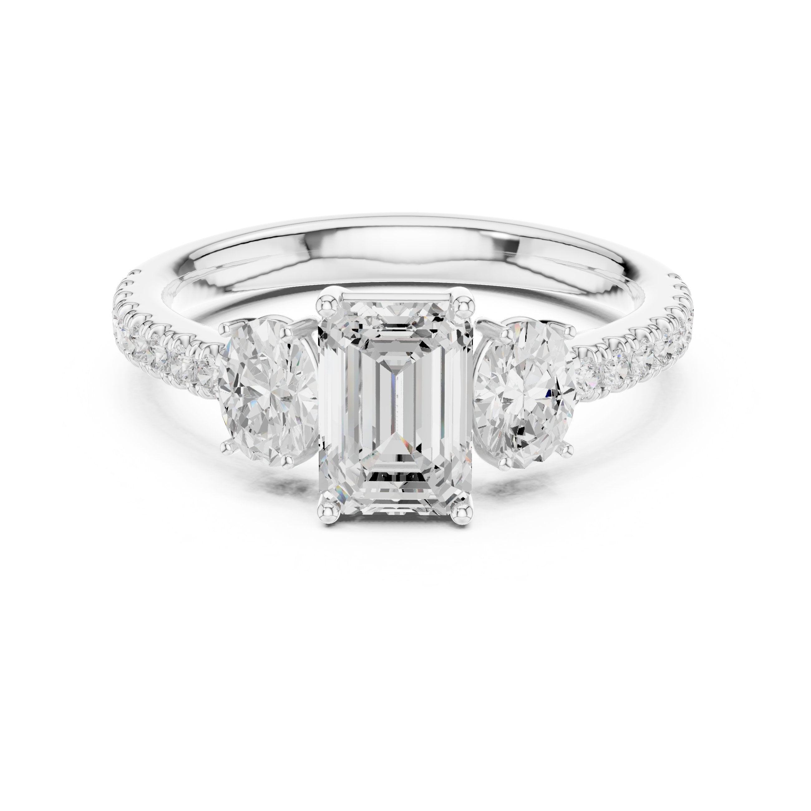 Emerald Cut Three Stone Engagement Ring with Oval Sides and Pavé Band in White Gold - VYKA Diamonds