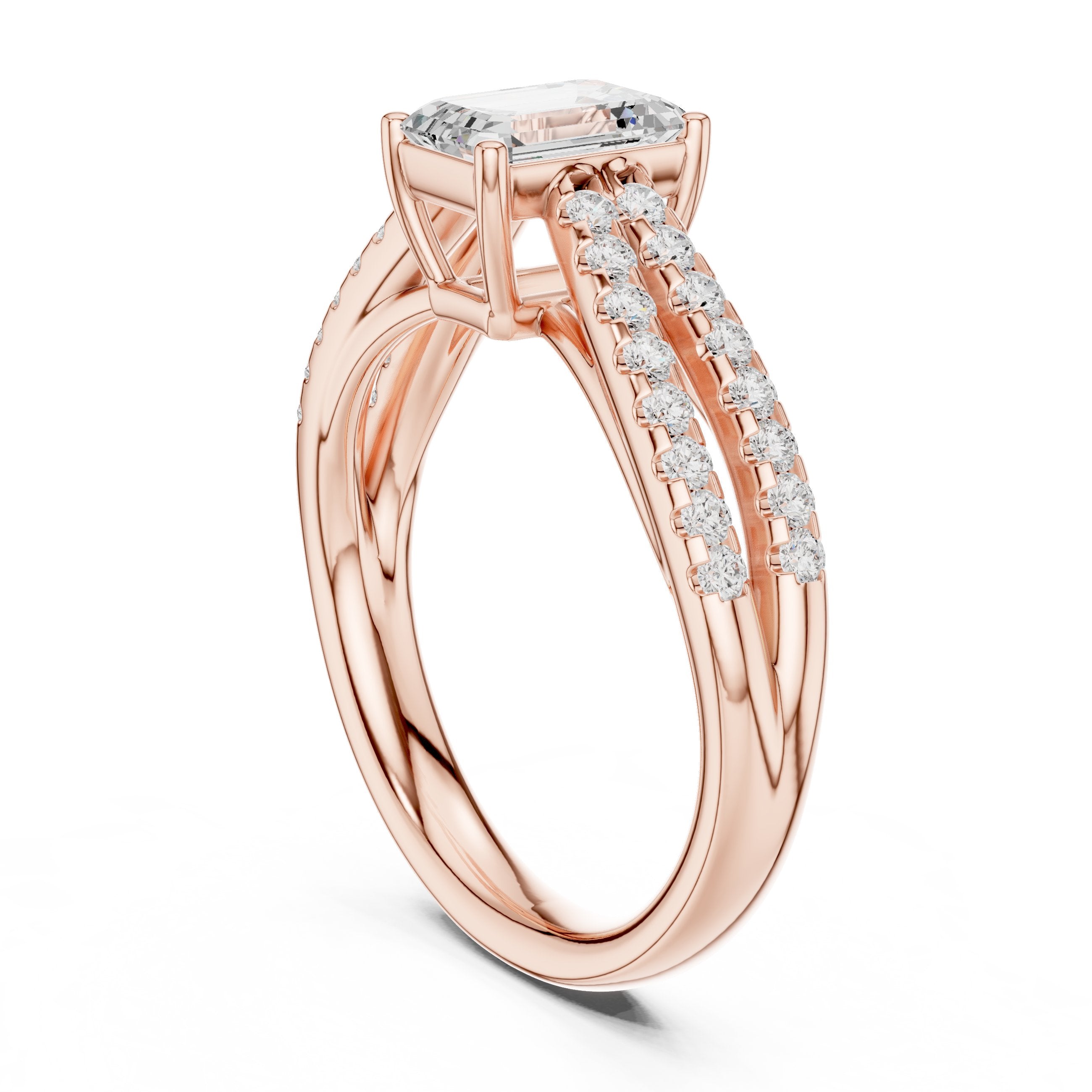 Emerald Cut Engagement Ring with Double Pavé Split Shank in Rose Gold - VYKA Diamonds