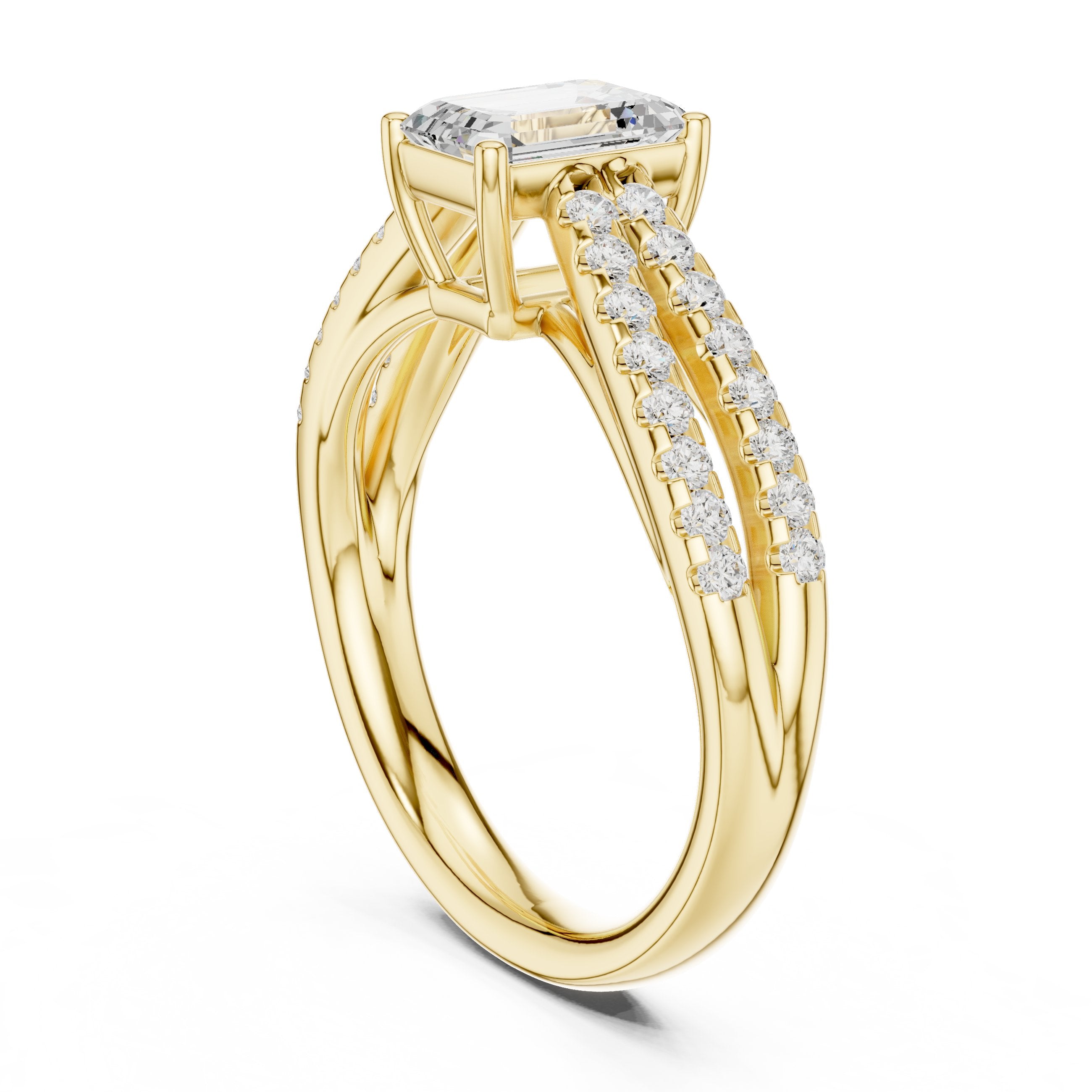 Emerald Cut Engagement Ring with Double Pavé Split Shank in Yellow Gold - VYKA Diamonds