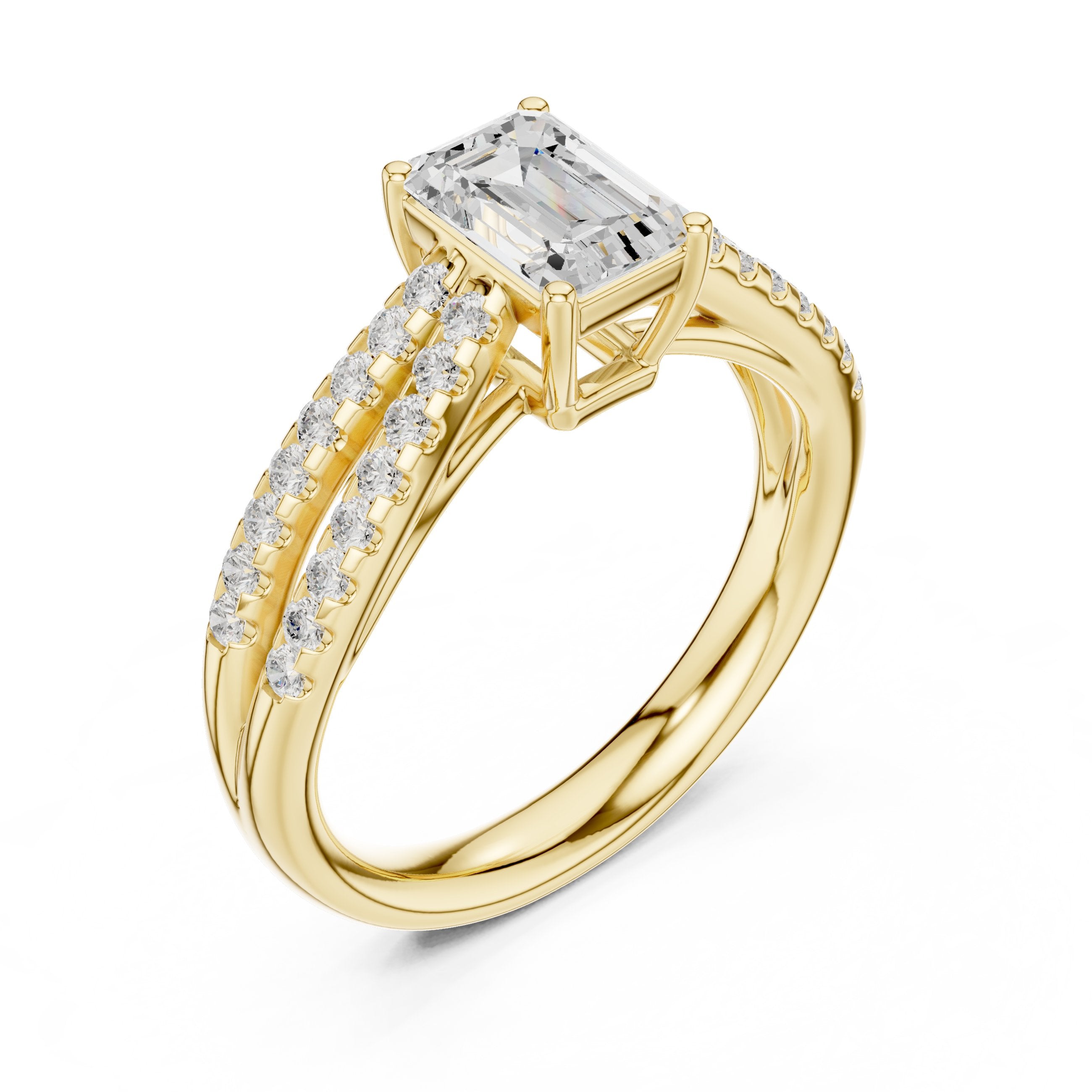 Emerald Cut Engagement Ring with Double Pavé Split Shank in Yellow Gold - VYKA Diamonds