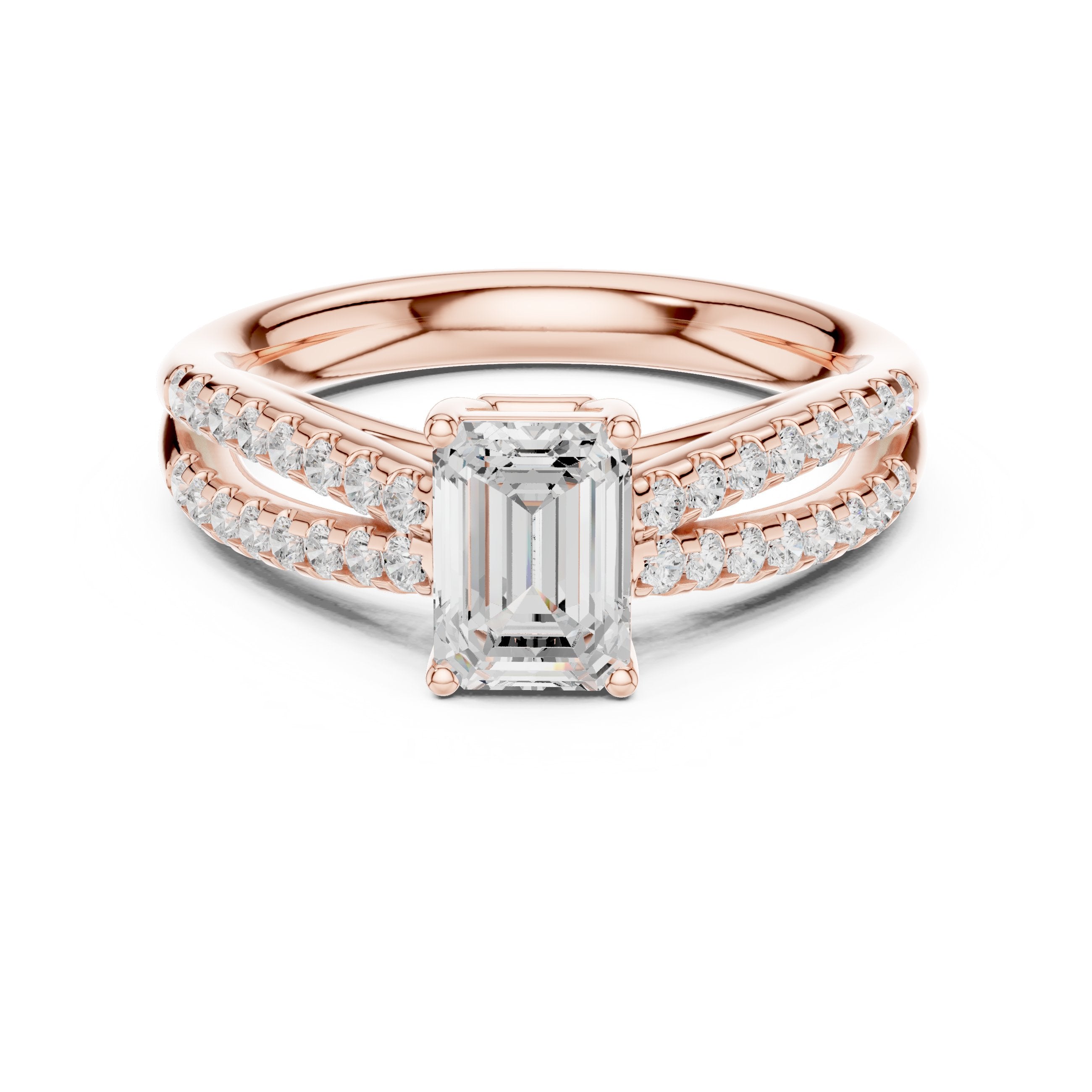 Emerald Cut Engagement Ring with Double Pavé Split Shank in Rose Gold - VYKA Diamonds