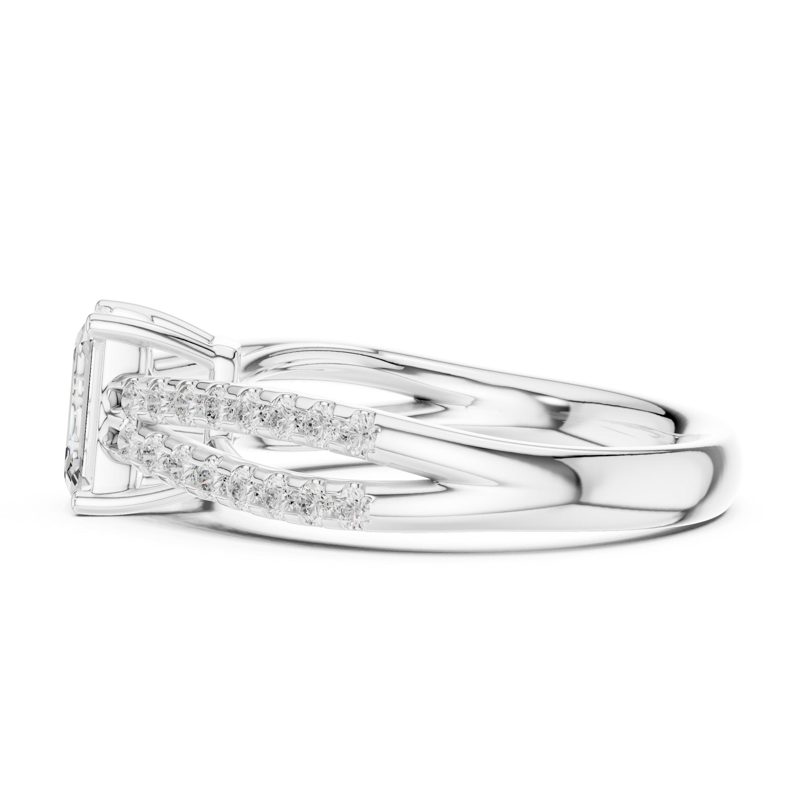 Emerald Cut Engagement Ring with Double Pavé Split Shank in White Gold - VYKA Diamonds