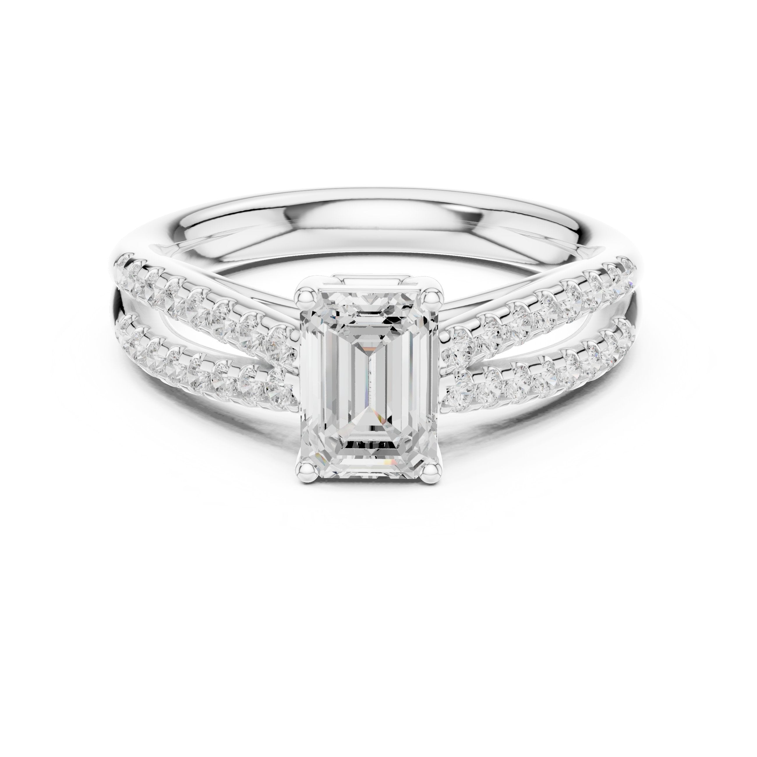 Emerald Cut Engagement Ring with Double Pavé Split Shank in White Gold - VYKA Diamonds