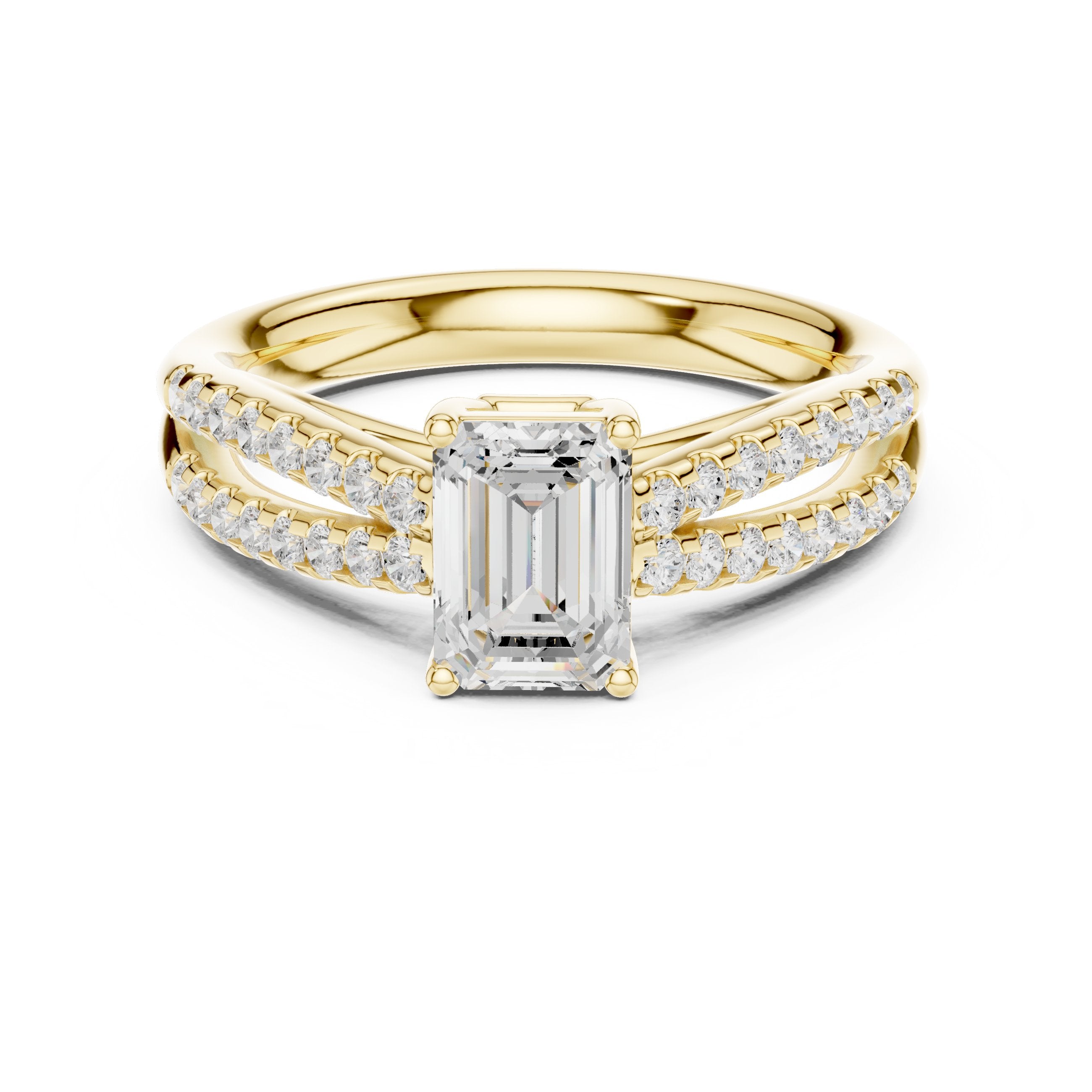 Emerald Cut Engagement Ring with Double Pavé Split Shank in Yellow Gold - VYKA Diamonds