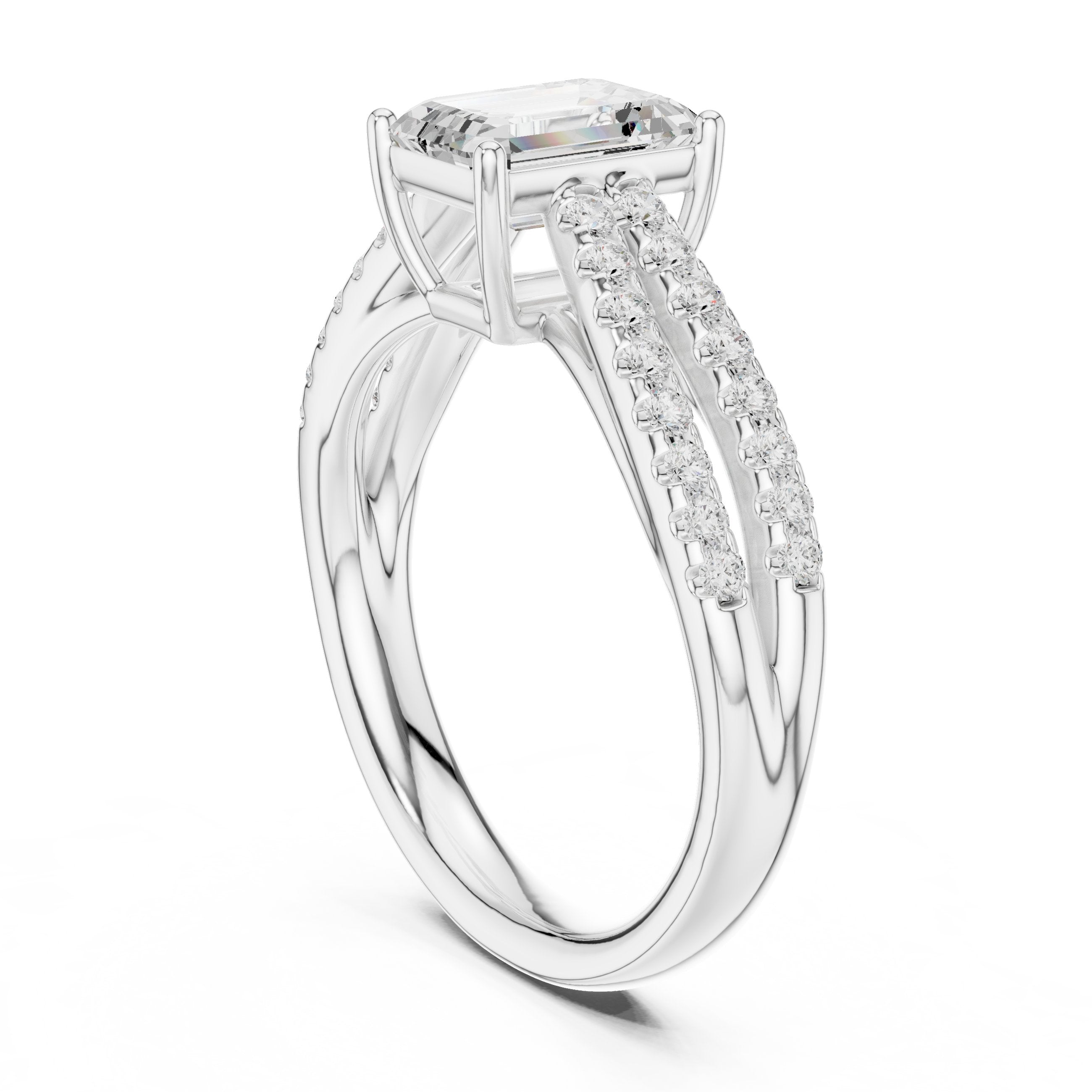 Emerald Cut Split Shank Engagement Ring with Pavé Band in White Gold - VYKA Diamonds