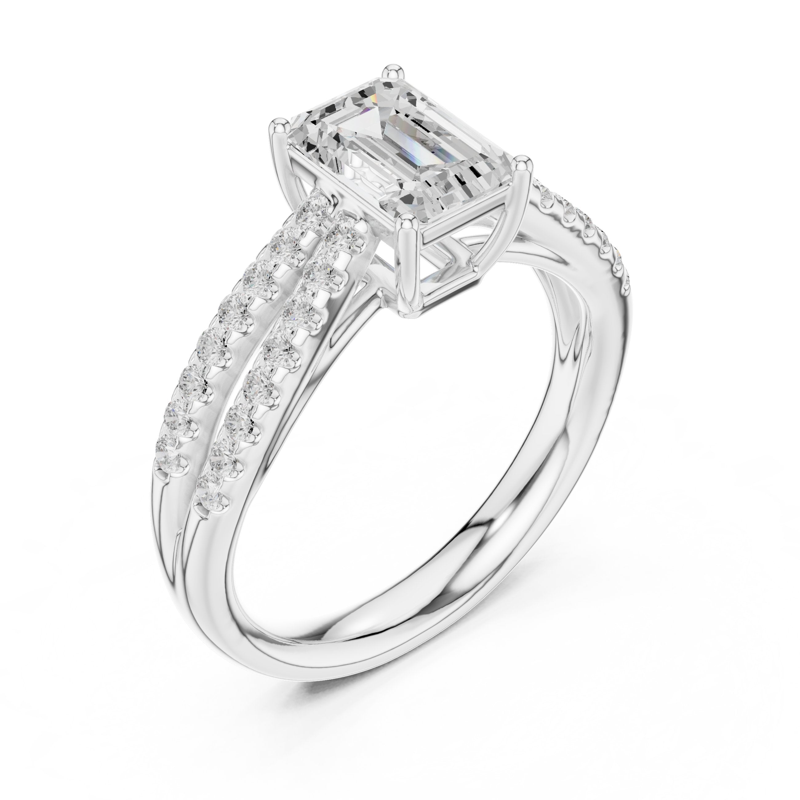Emerald Cut Split Shank Engagement Ring with Pavé Band in White Gold - VYKA Diamonds