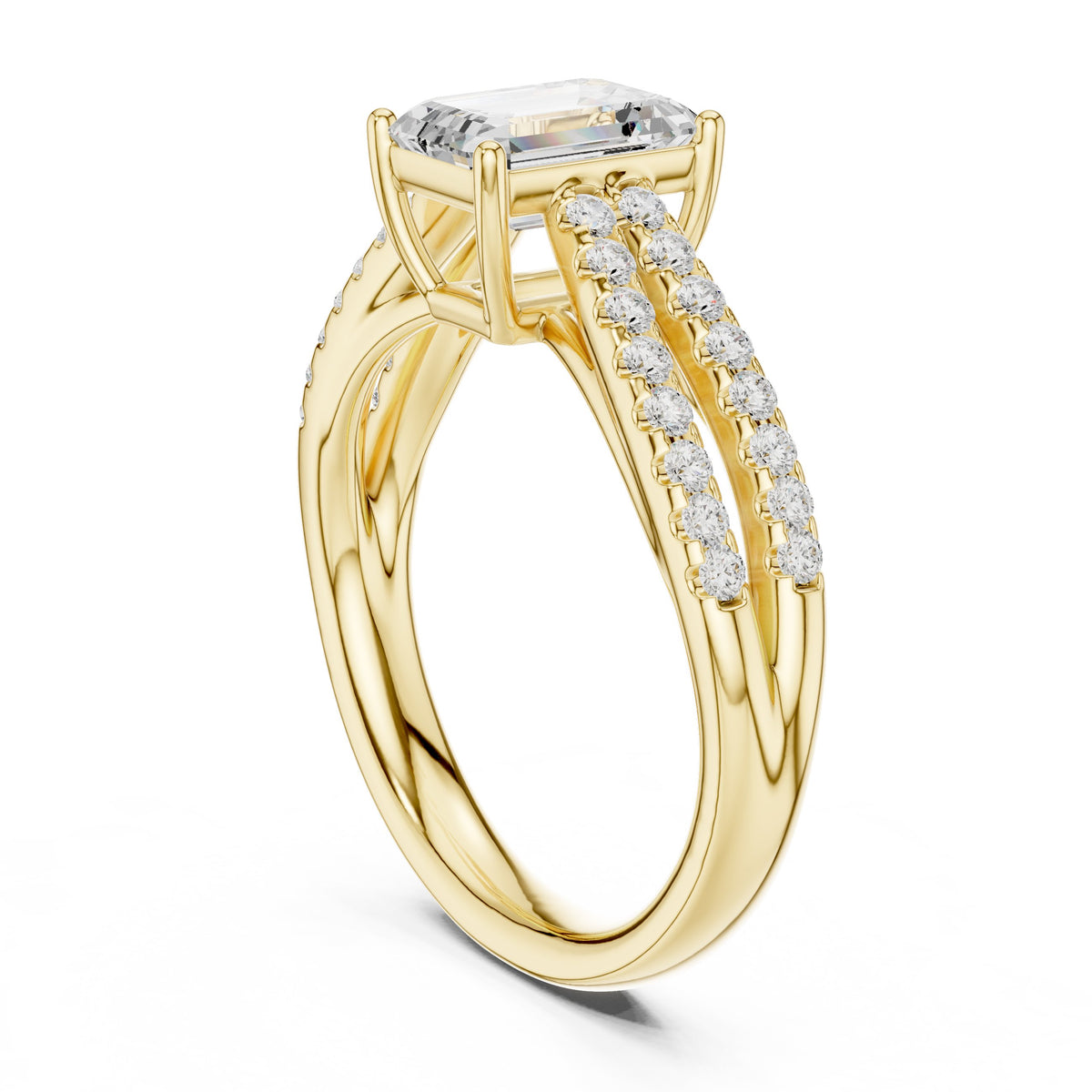 Emerald Cut Split Shank Engagement Ring with Pavé Band