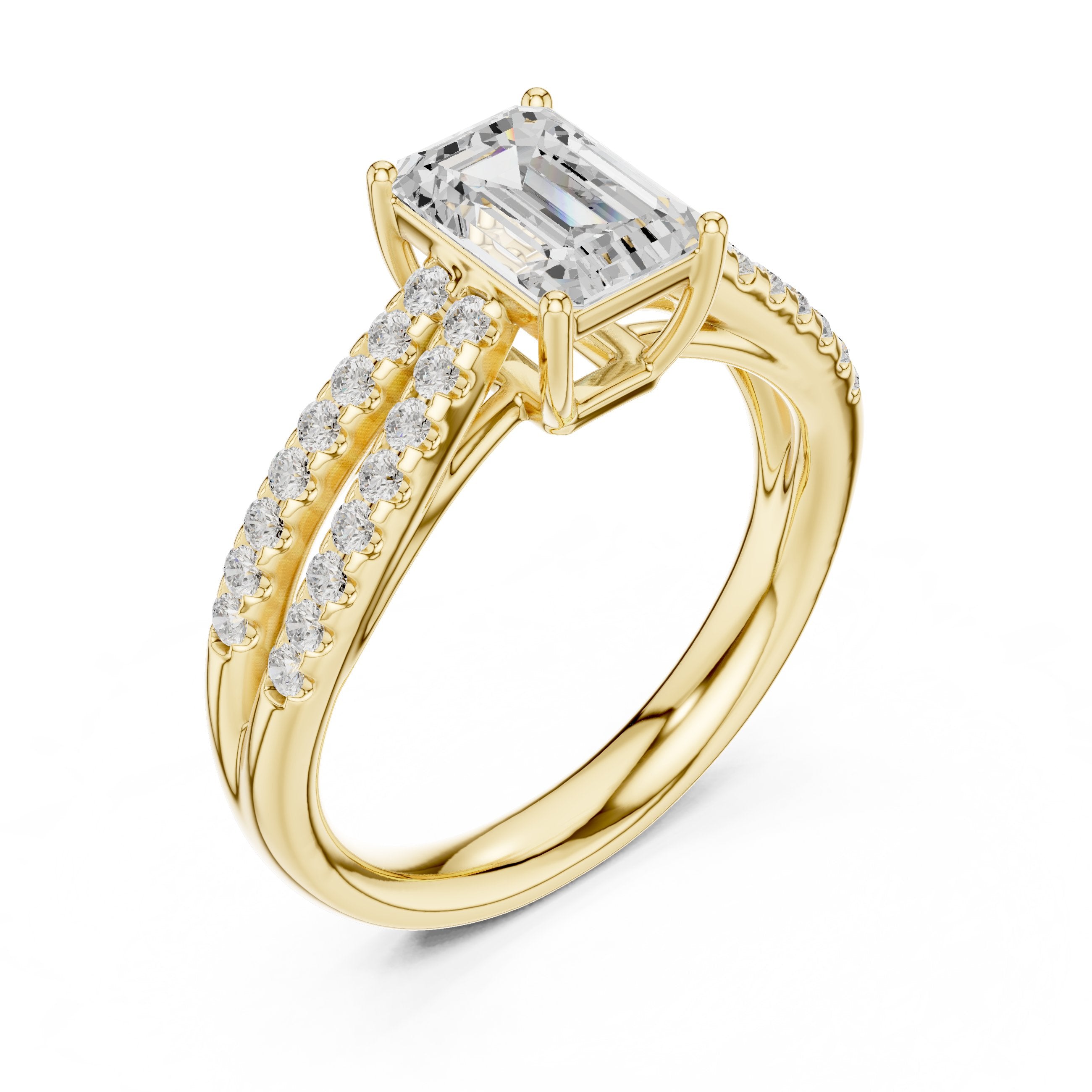 Emerald Cut Split Shank Engagement Ring with Pavé Band in Yellow Gold - VYKA Diamonds