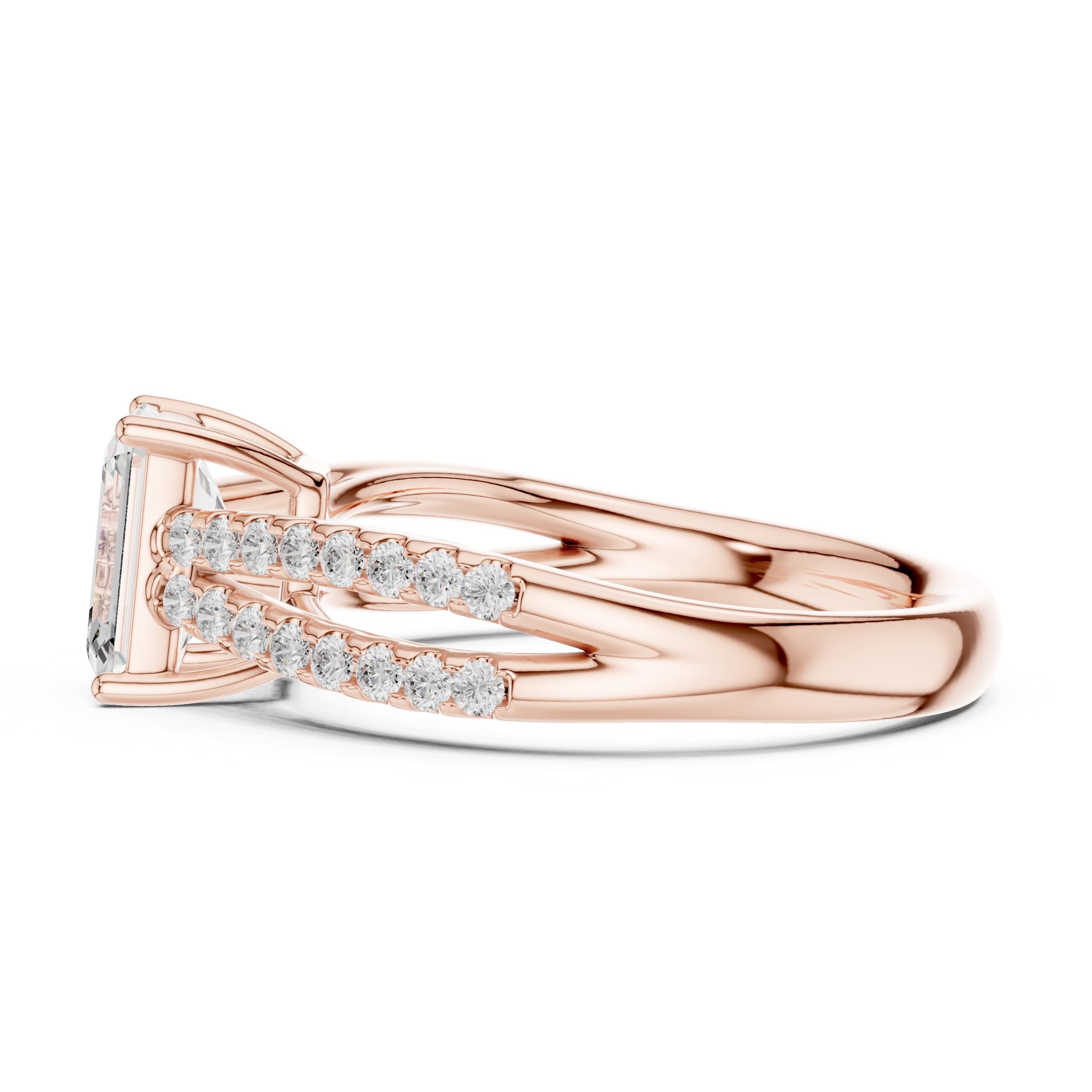 Emerald Cut Split Shank Engagement Ring with Pavé Band in Rose Gold - VYKA Diamonds