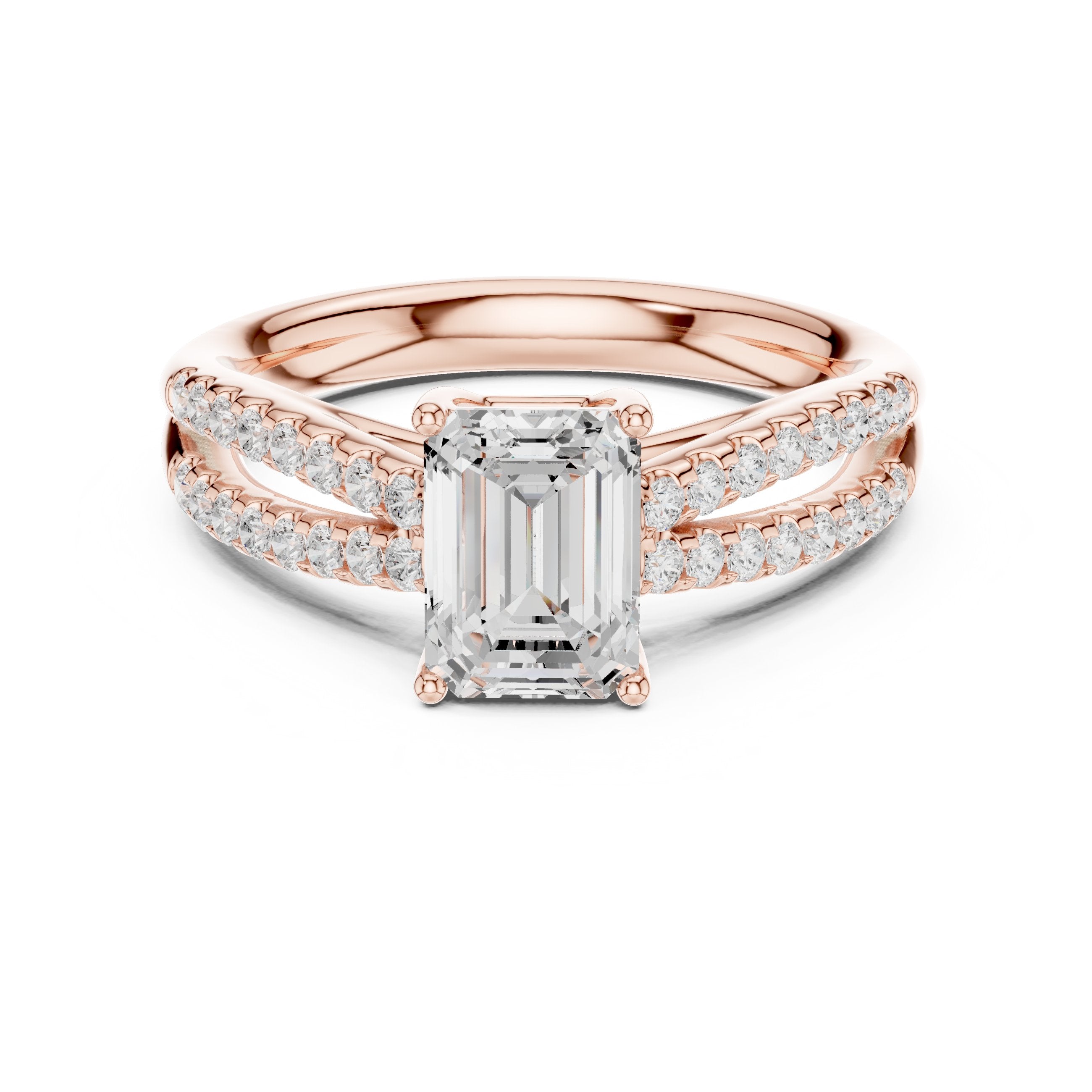 Emerald Cut Split Shank Engagement Ring with Pavé Band in Rose Gold - VYKA Diamonds