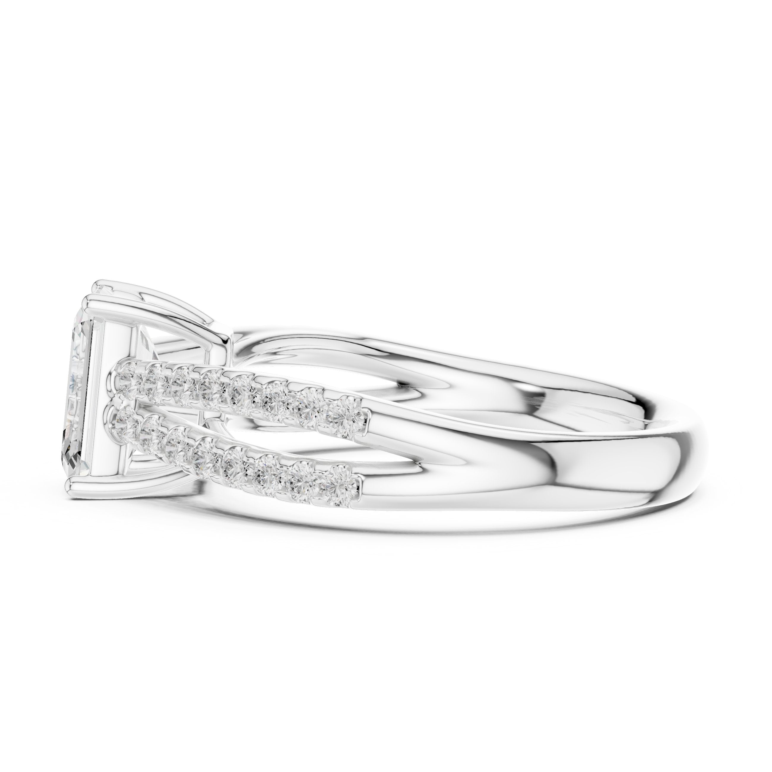 Emerald Cut Split Shank Engagement Ring with Pavé Band in White Gold - VYKA Diamonds