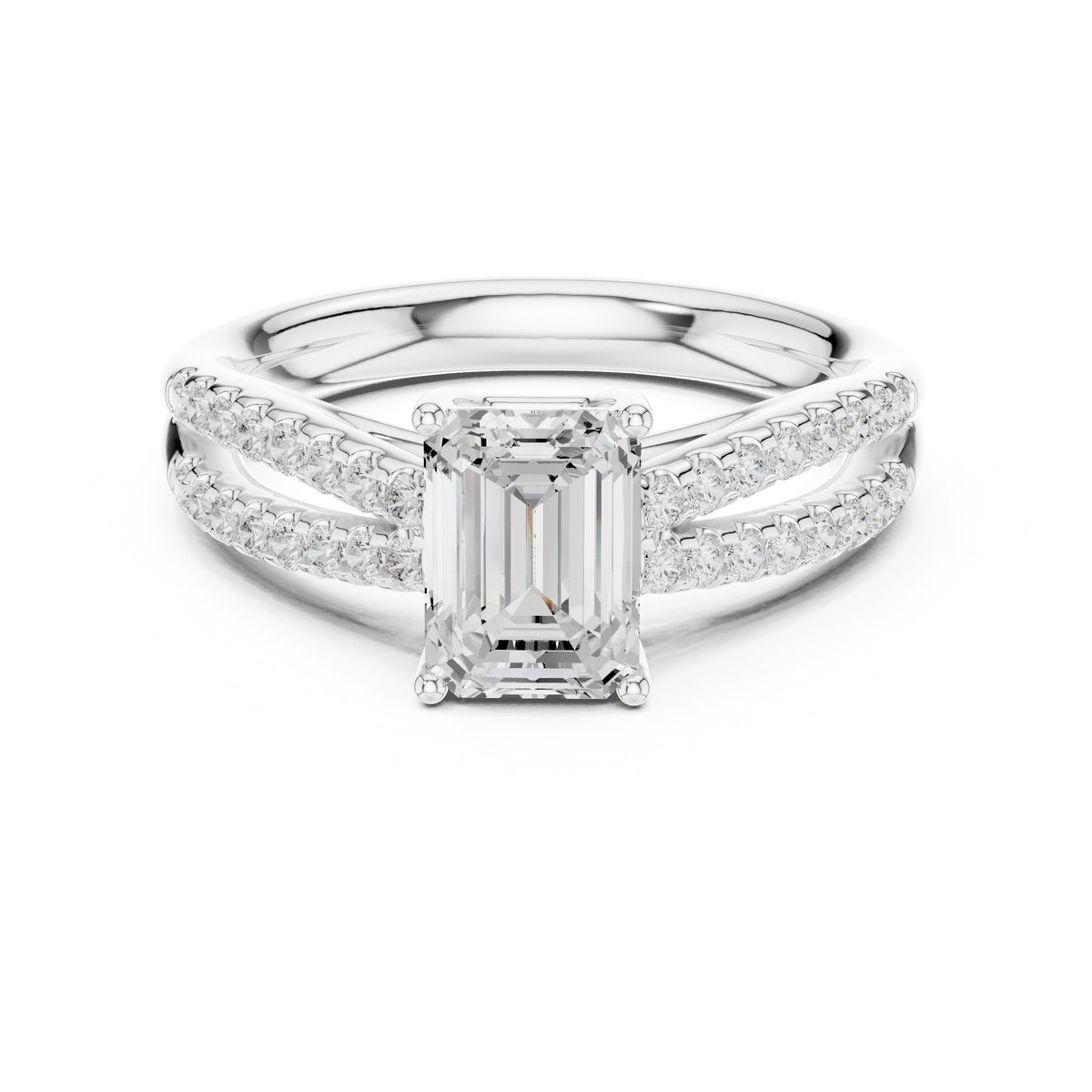 Emerald Cut Split Shank Engagement Ring with Pavé Band