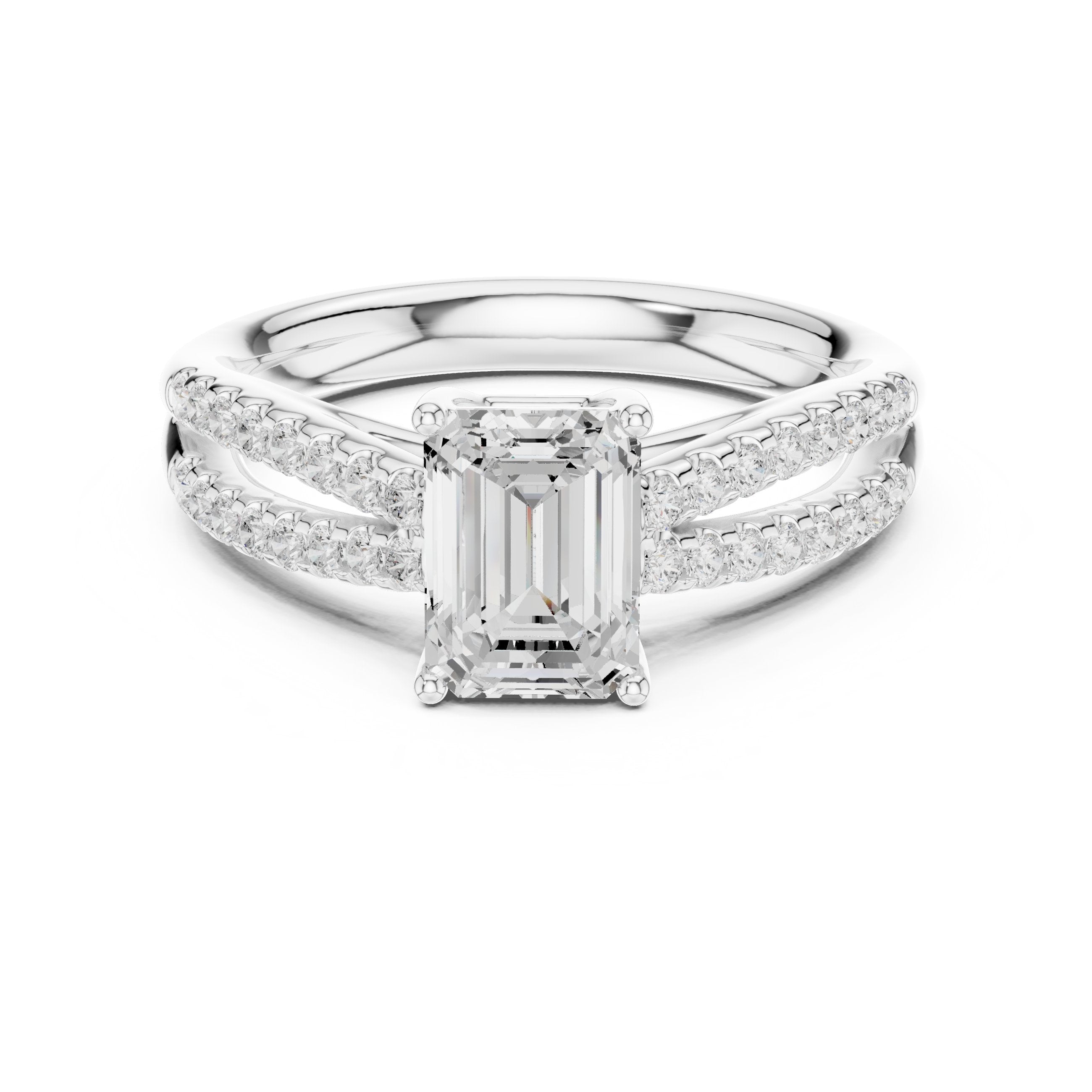 Emerald Cut Split Shank Engagement Ring with Pavé Band in White Gold - VYKA Diamonds