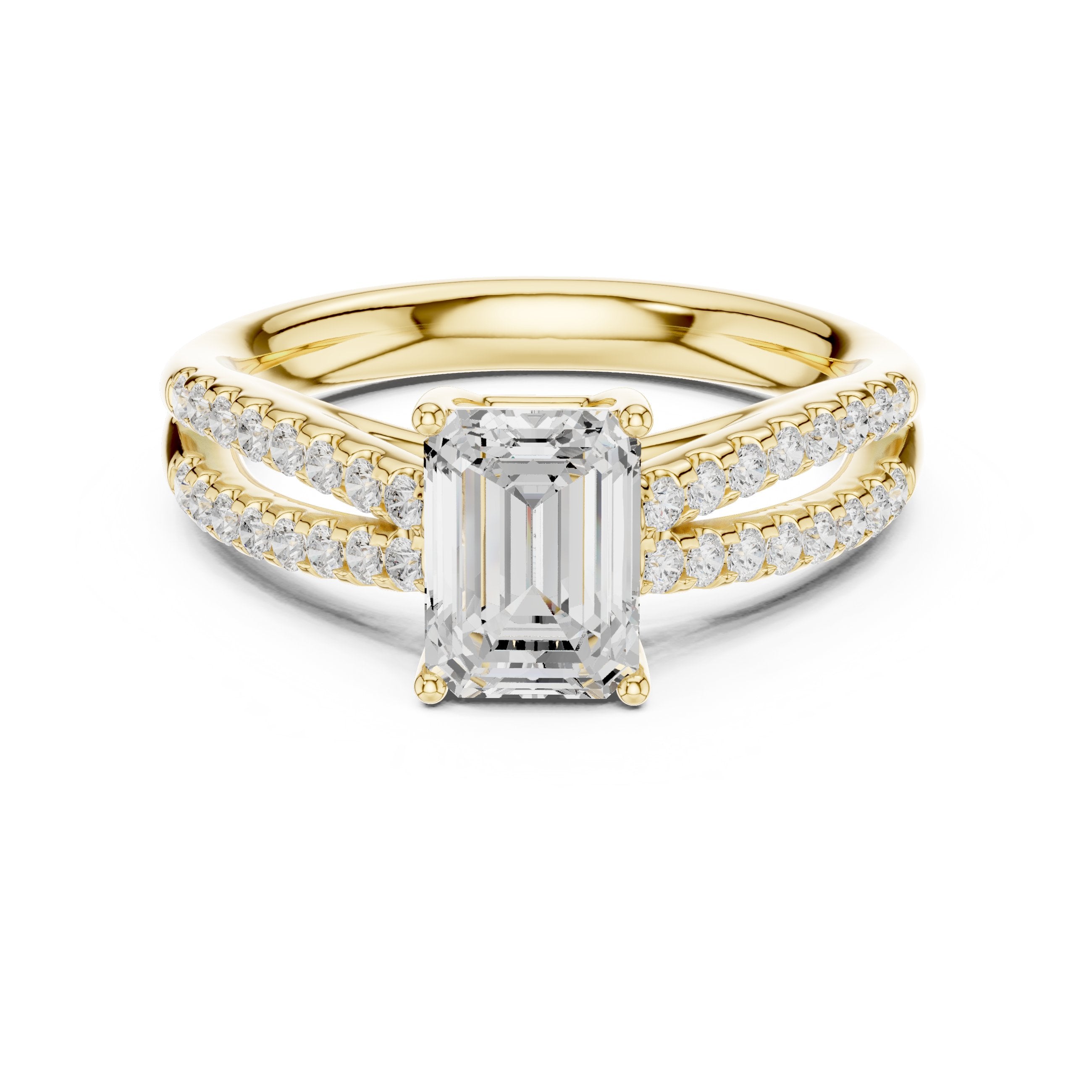 Emerald Cut Split Shank Engagement Ring with Pavé Band in Yellow Gold - VYKA Diamonds