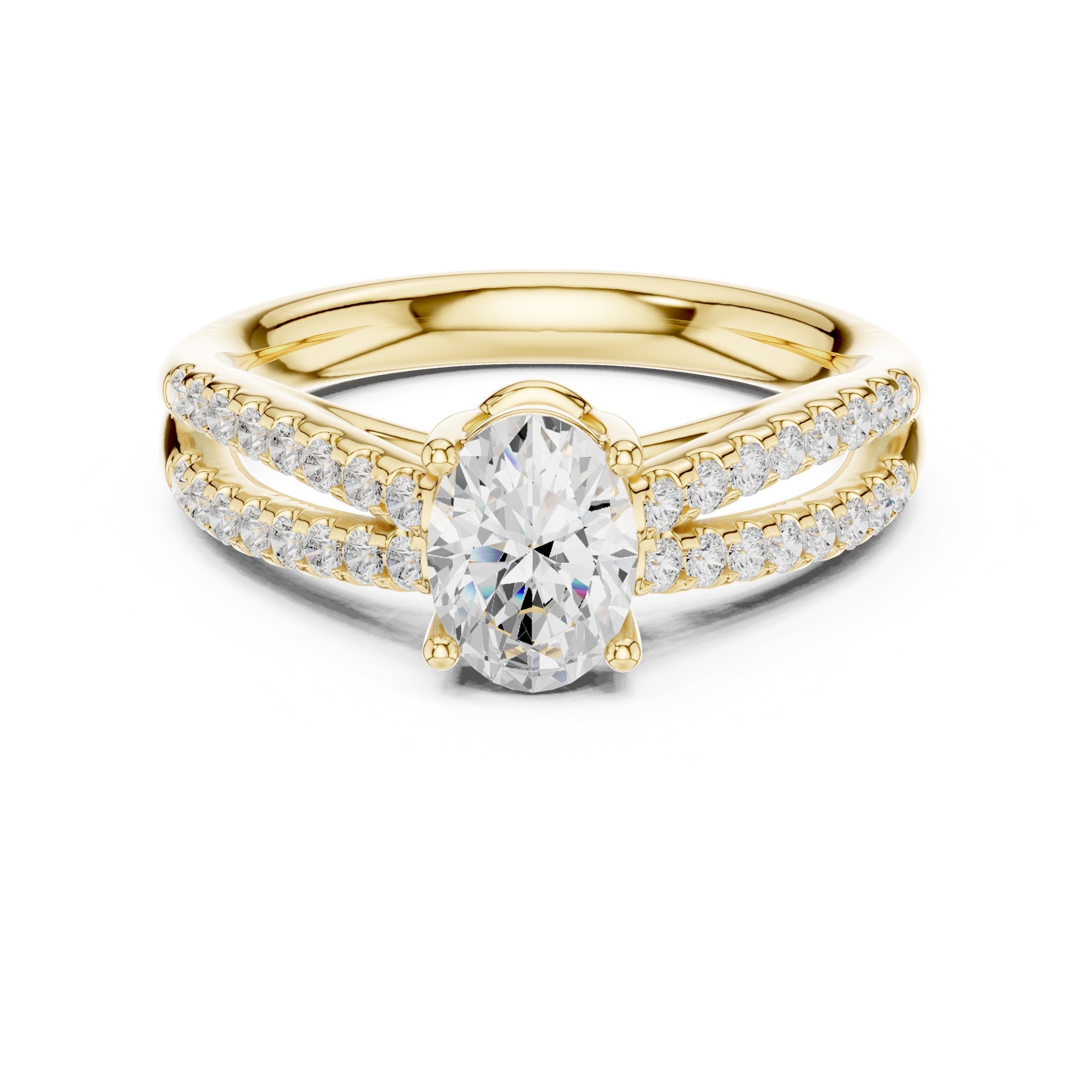 Oval Diamond Engagement Ring with Double Pavé Split Shank in Yellow Gold - VYKA Diamonds