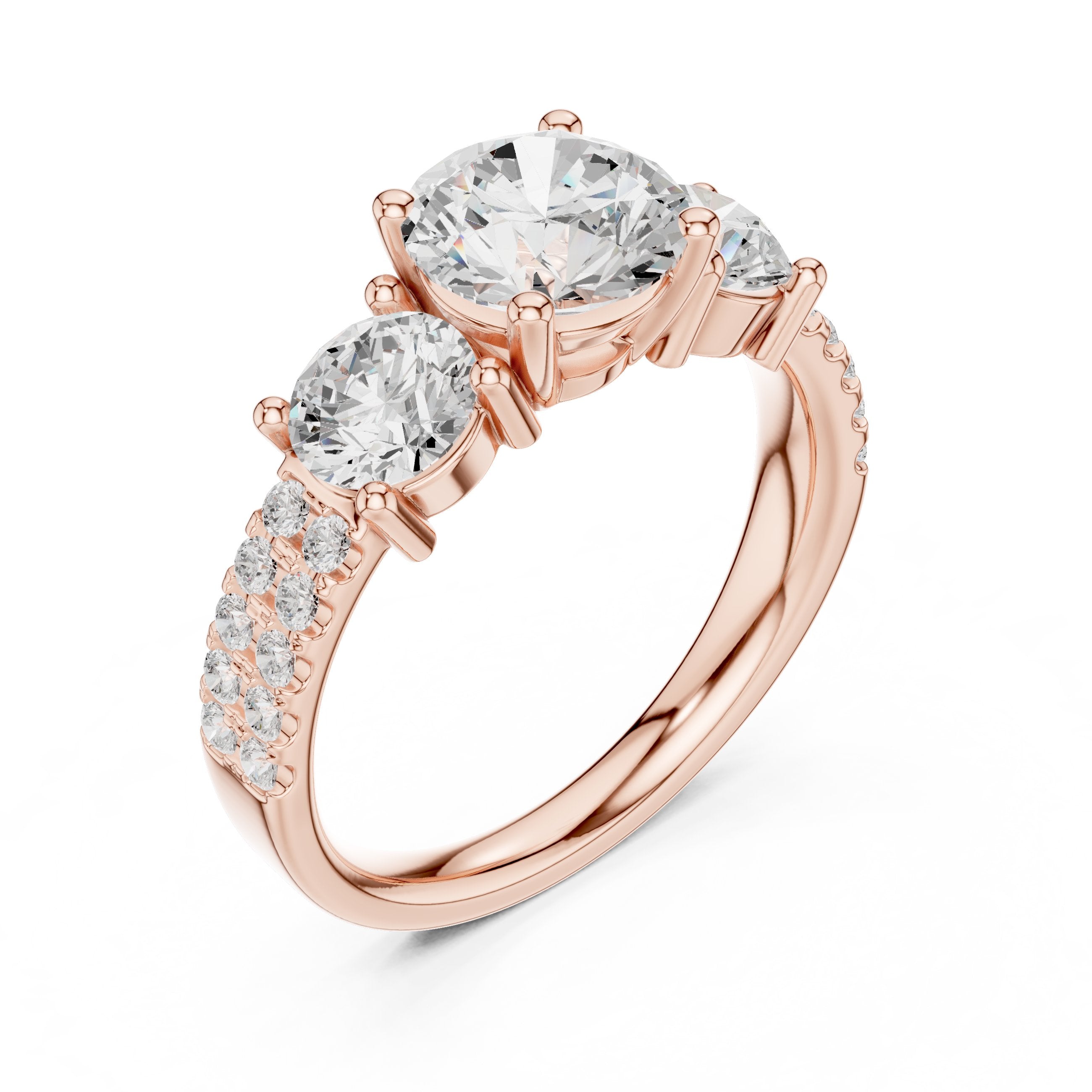 Cushion Cut Three Stone Engagement Ring with Round Sides and Pavé Band in Rose Gold - VYKA Diamonds