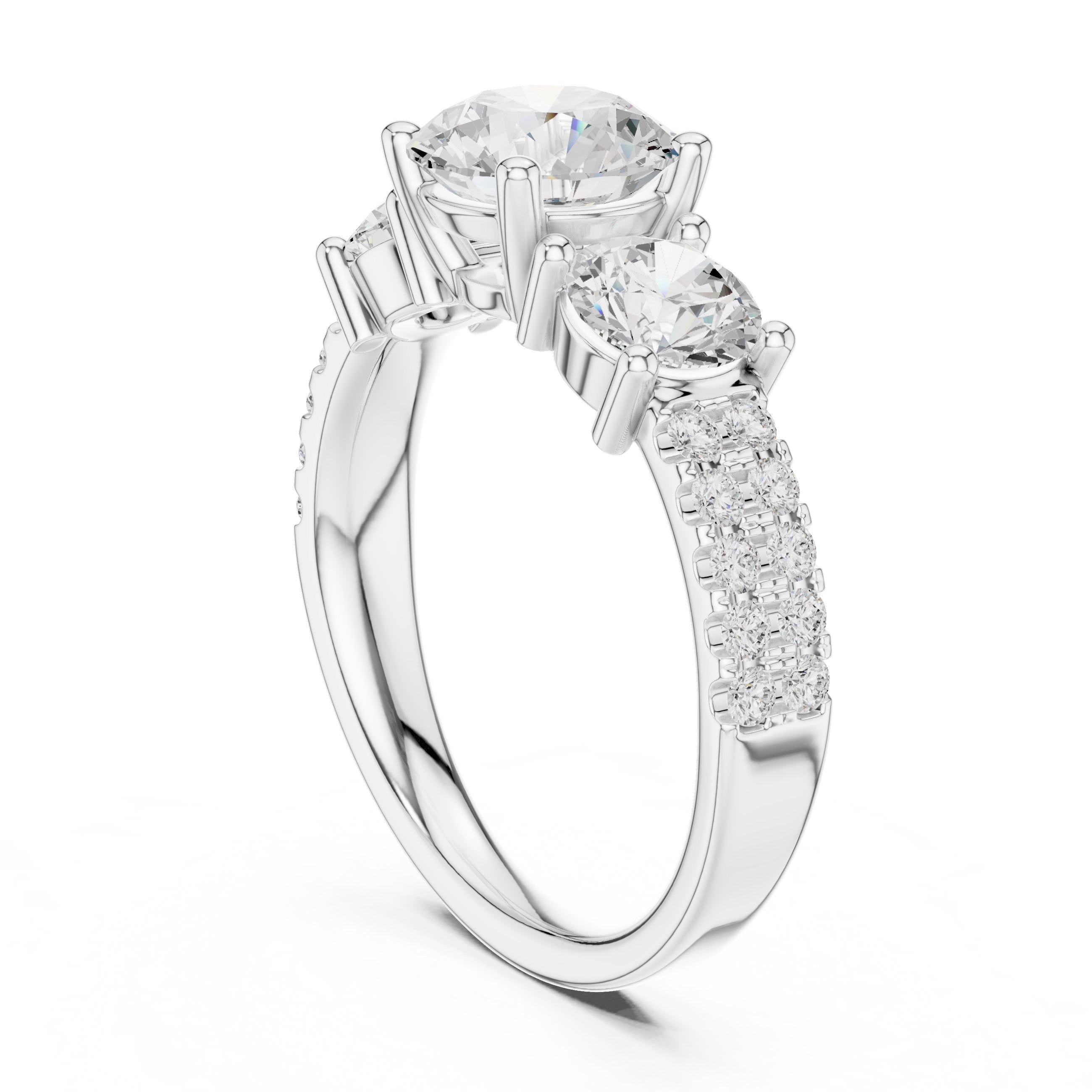 Cushion Cut Three Stone Engagement Ring with Round Sides and Pavé Band in White Gold - VYKA Diamonds