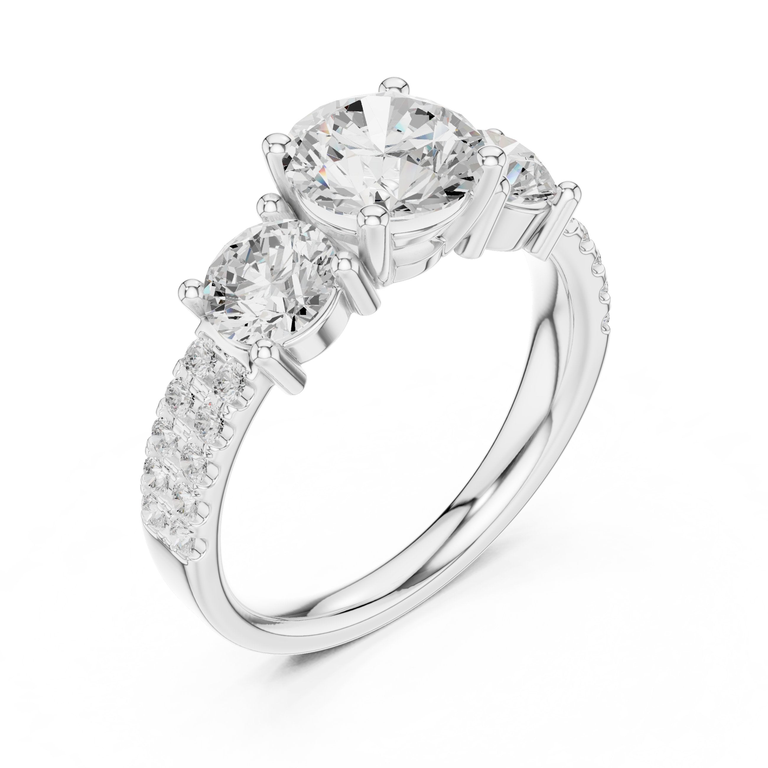 Cushion Cut Three Stone Engagement Ring with Round Sides and Pavé Band in White Gold - VYKA Diamonds