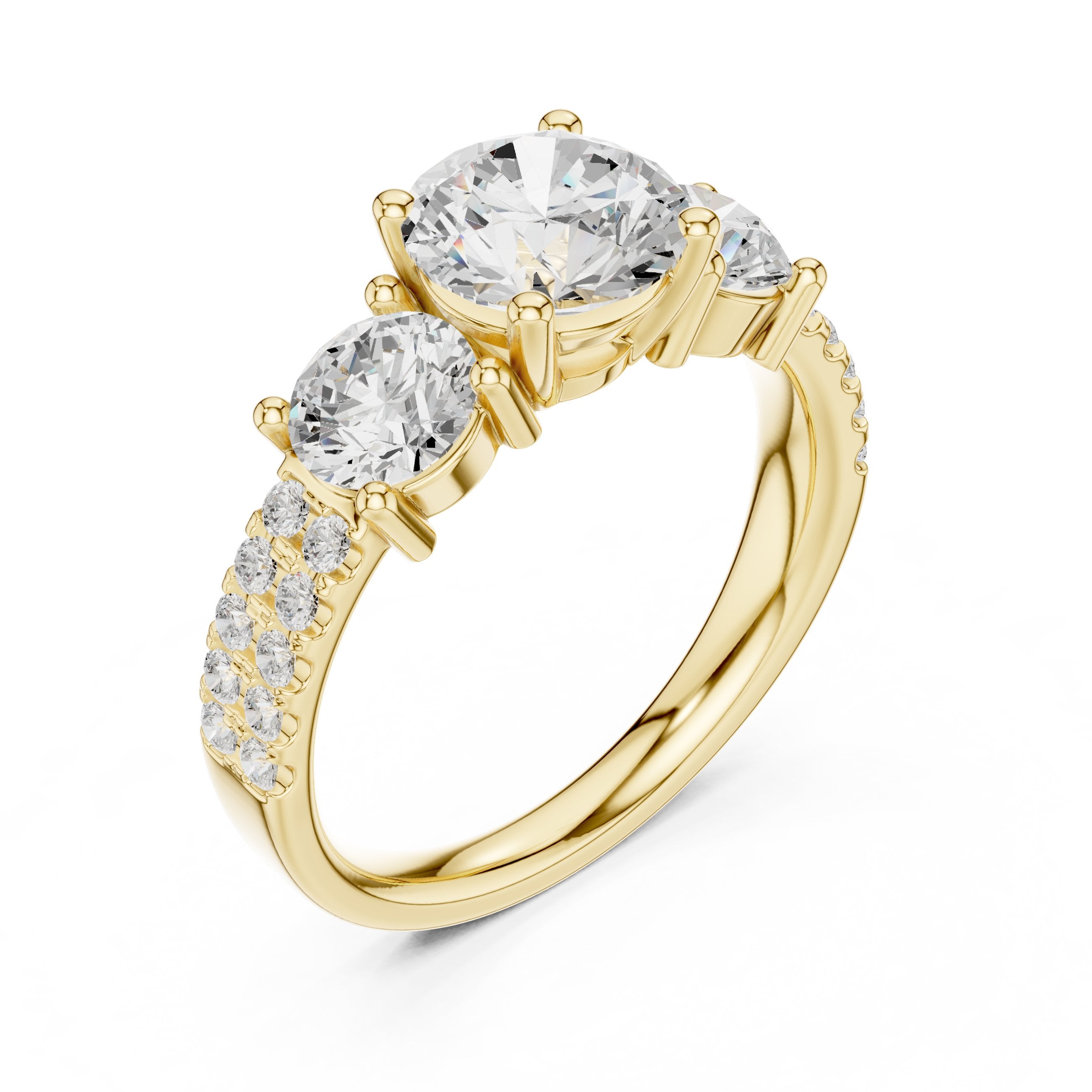Cushion Cut Three Stone Engagement Ring with Round Sides and Pavé Band in Yellow Gold - VYKA Diamonds