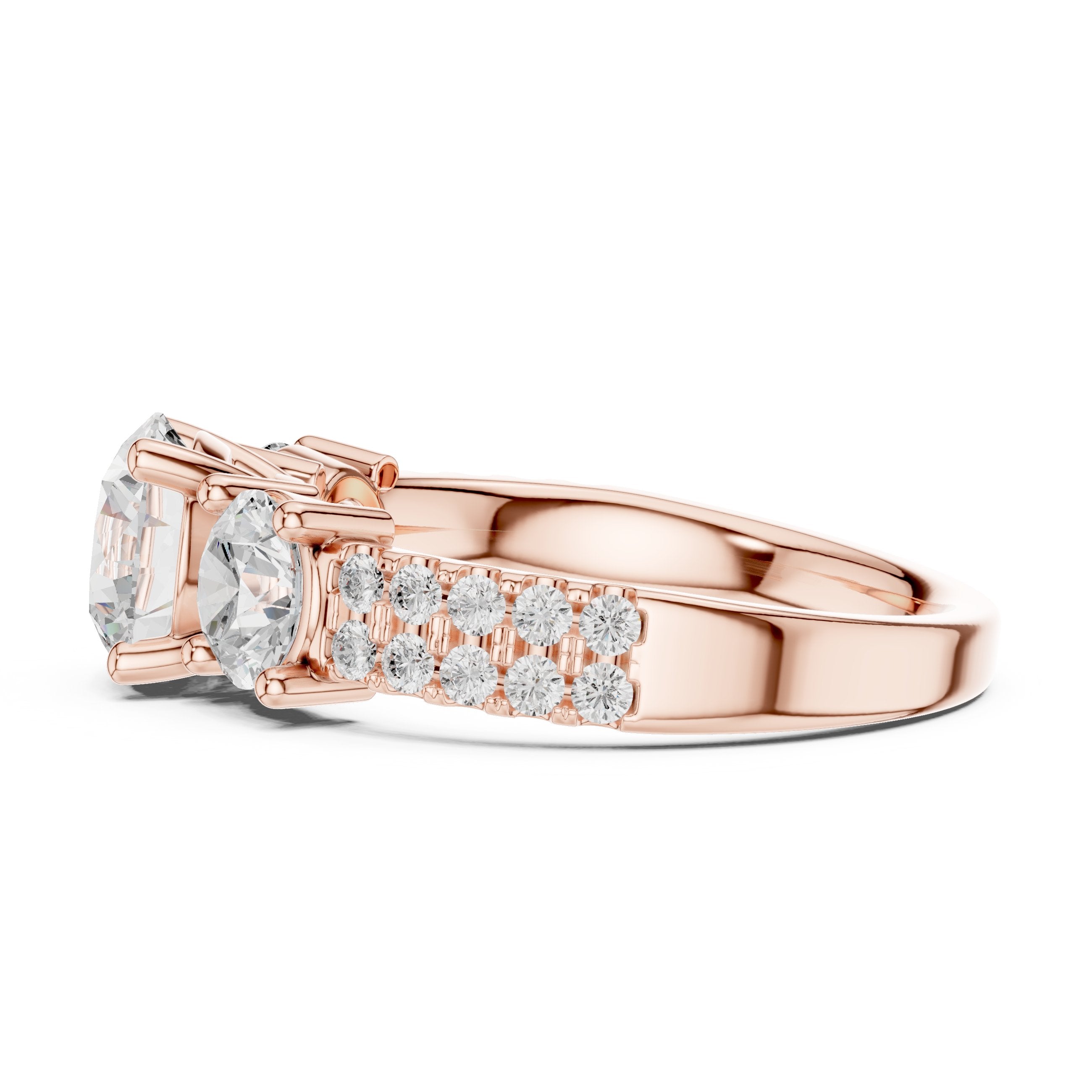 Cushion Cut Three Stone Engagement Ring with Round Sides and Pavé Band in Rose Gold - VYKA Diamonds