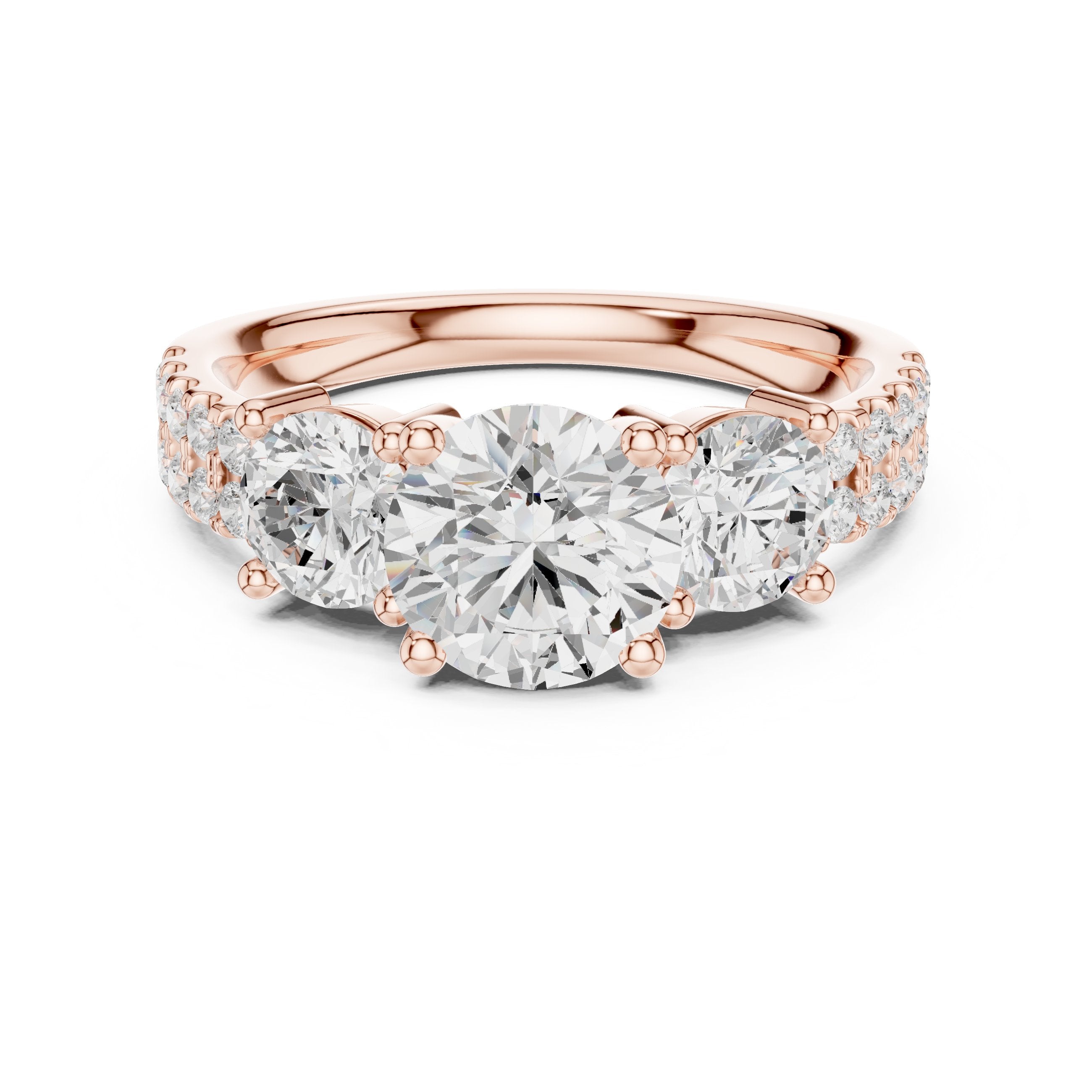 Cushion Cut Three Stone Engagement Ring with Round Sides and Pavé Band in Rose Gold - VYKA Diamonds