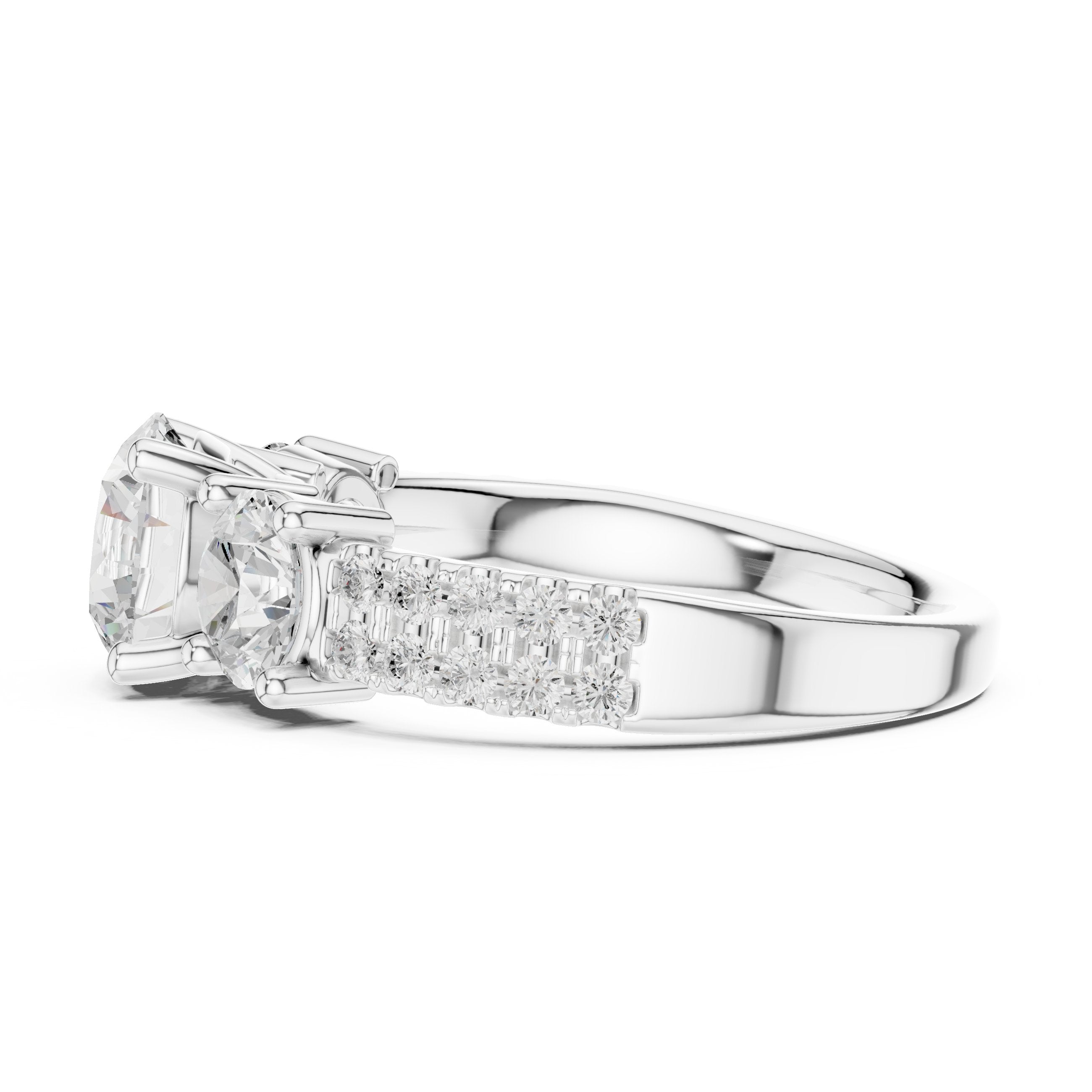 Cushion Cut Three Stone Engagement Ring with Round Sides and Pavé Band in White Gold - VYKA Diamonds