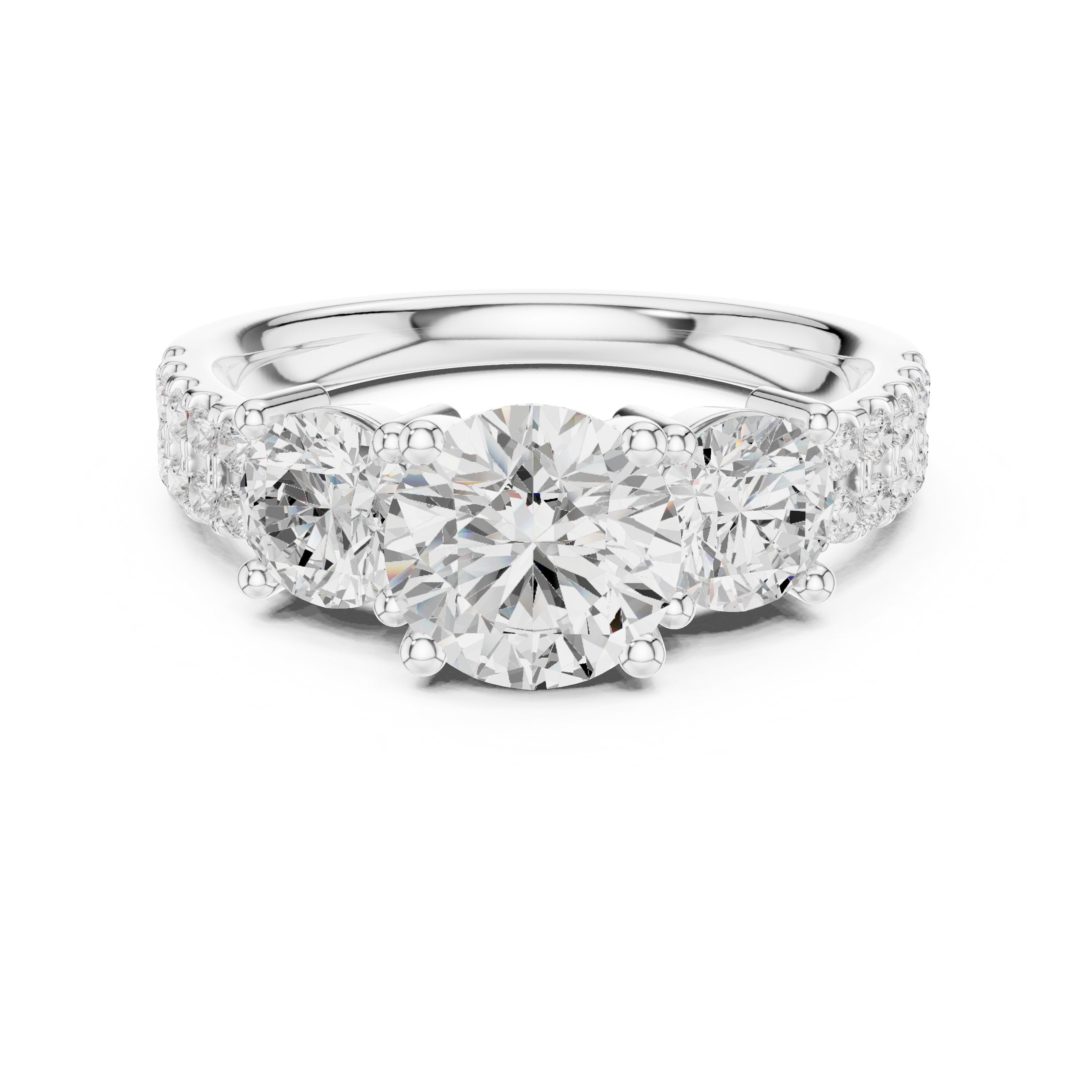 Cushion Cut Three Stone Engagement Ring with Round Sides and Pavé Band in White Gold - VYKA Diamonds