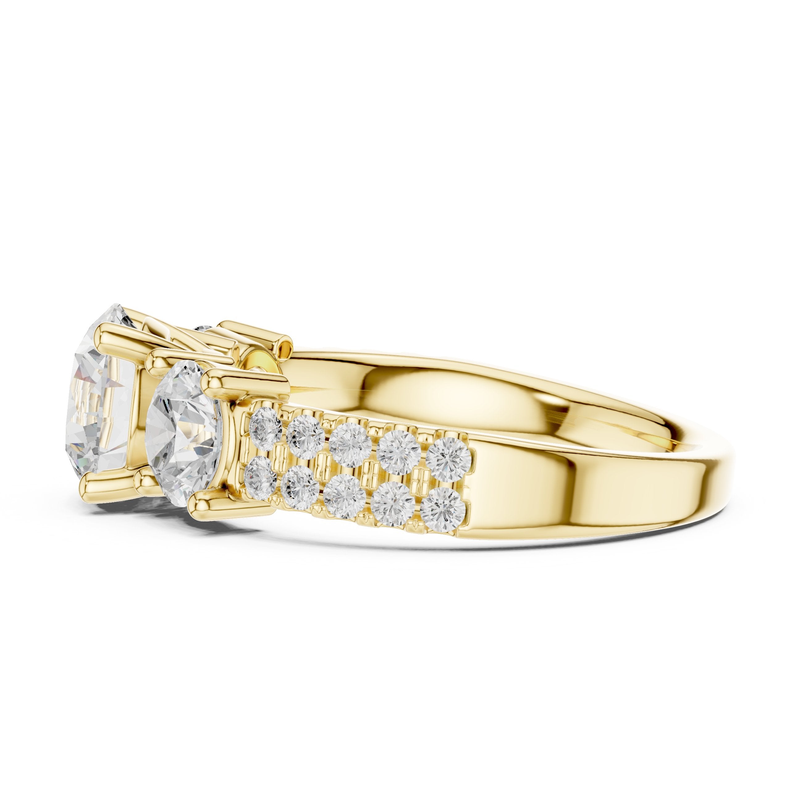 Cushion Cut Three Stone Engagement Ring with Round Sides and Pavé Band in Yellow Gold - VYKA Diamonds