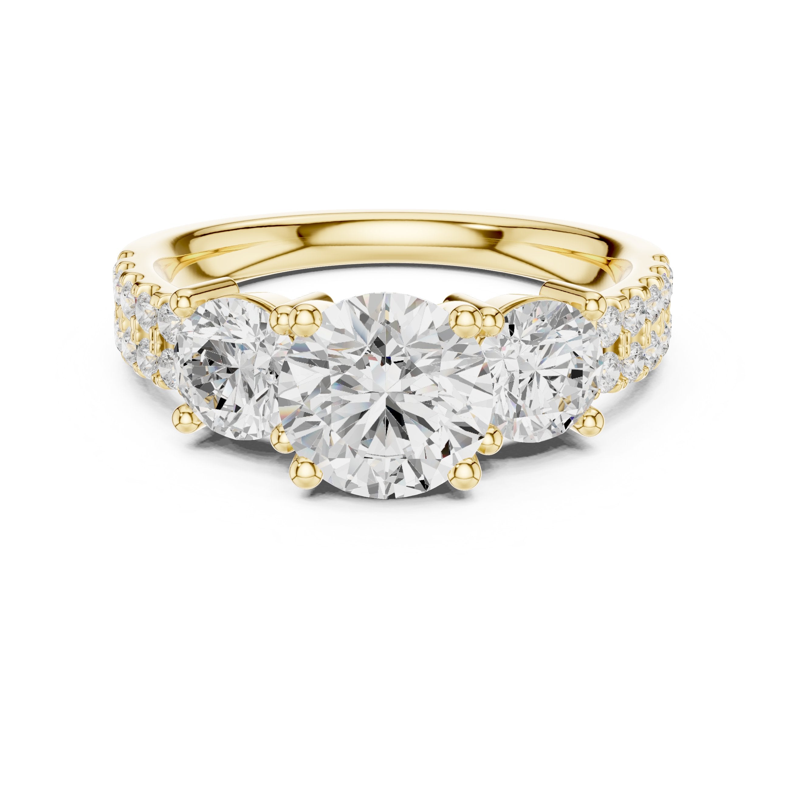 Cushion Cut Three Stone Engagement Ring with Round Sides and Pavé Band in Yellow Gold - VYKA Diamonds