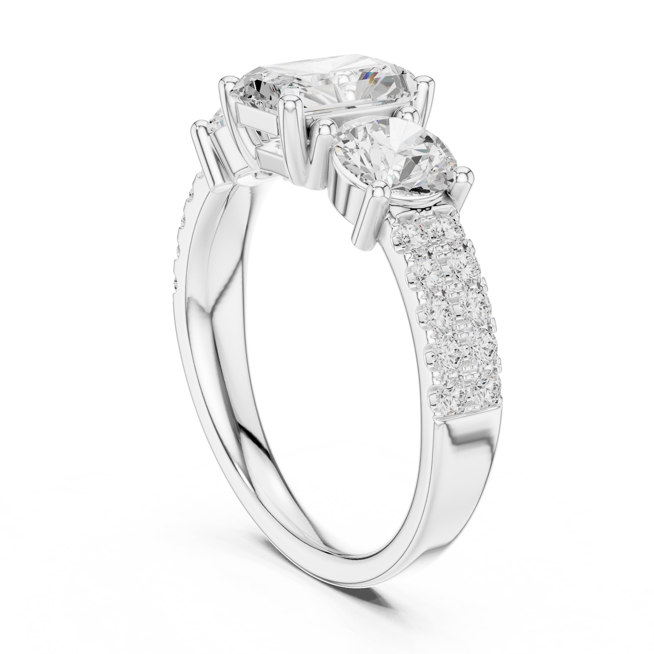 Radiant Cut Engagement Ring with Round Side Accents and Pavé Band in White Gold - VYKA Diamonds